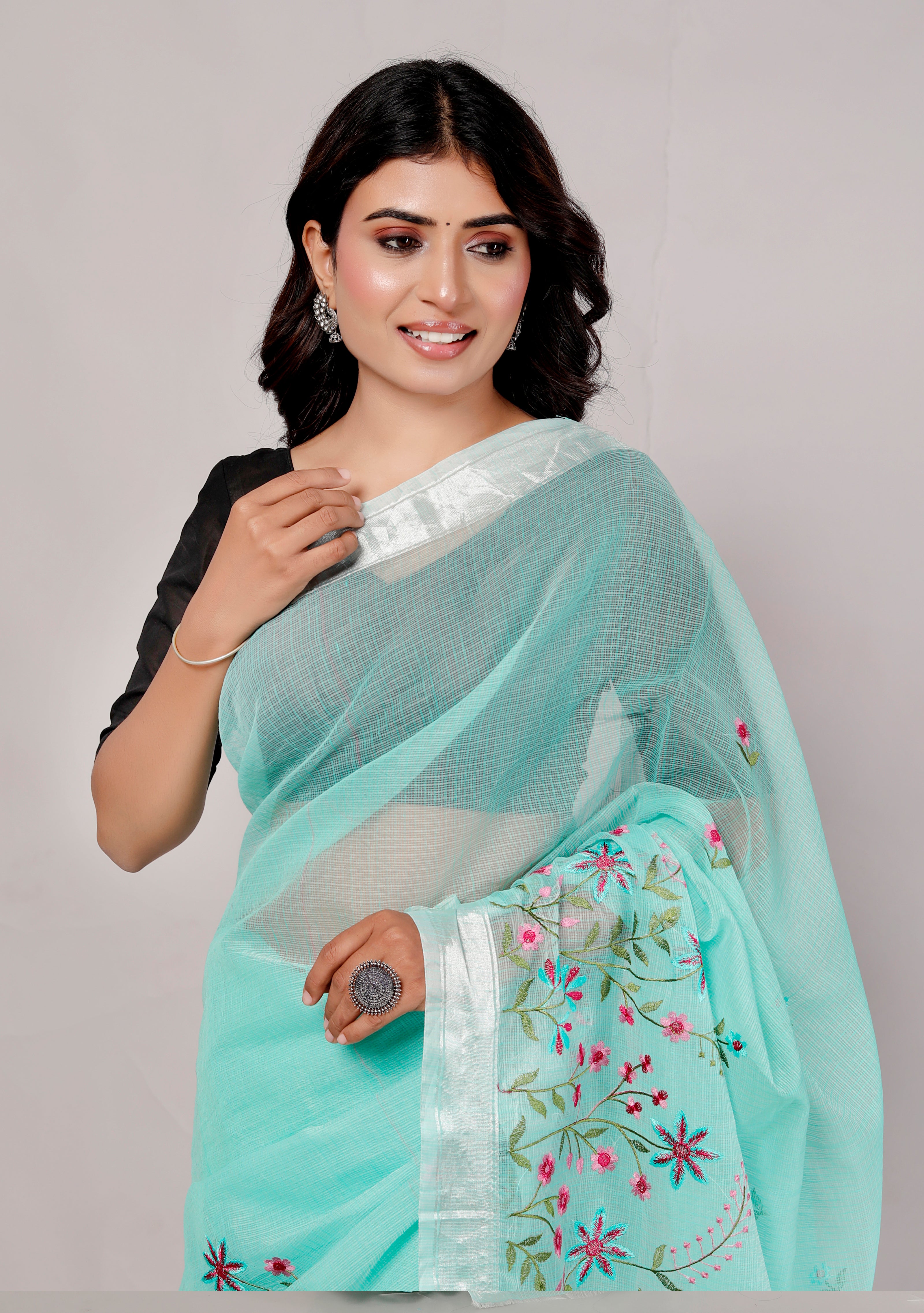 RAJGLOBAL Self Design Embroidered Kota Doria Cotton Blend Saree with Unstitched Blouse Firoji_red
