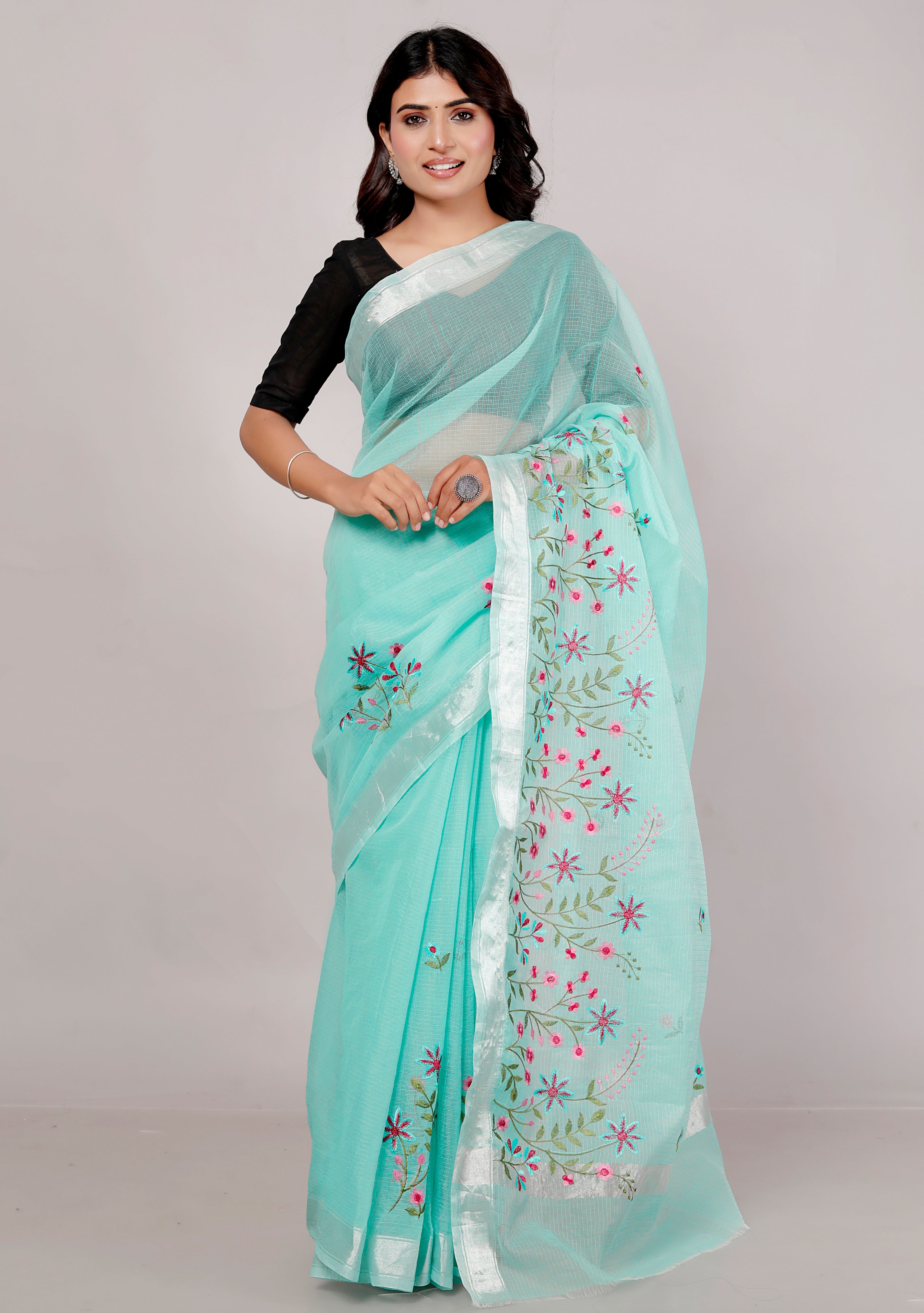 RAJGLOBAL Self Design Embroidered Kota Doria Cotton Blend Saree with Unstitched Blouse Firoji_red