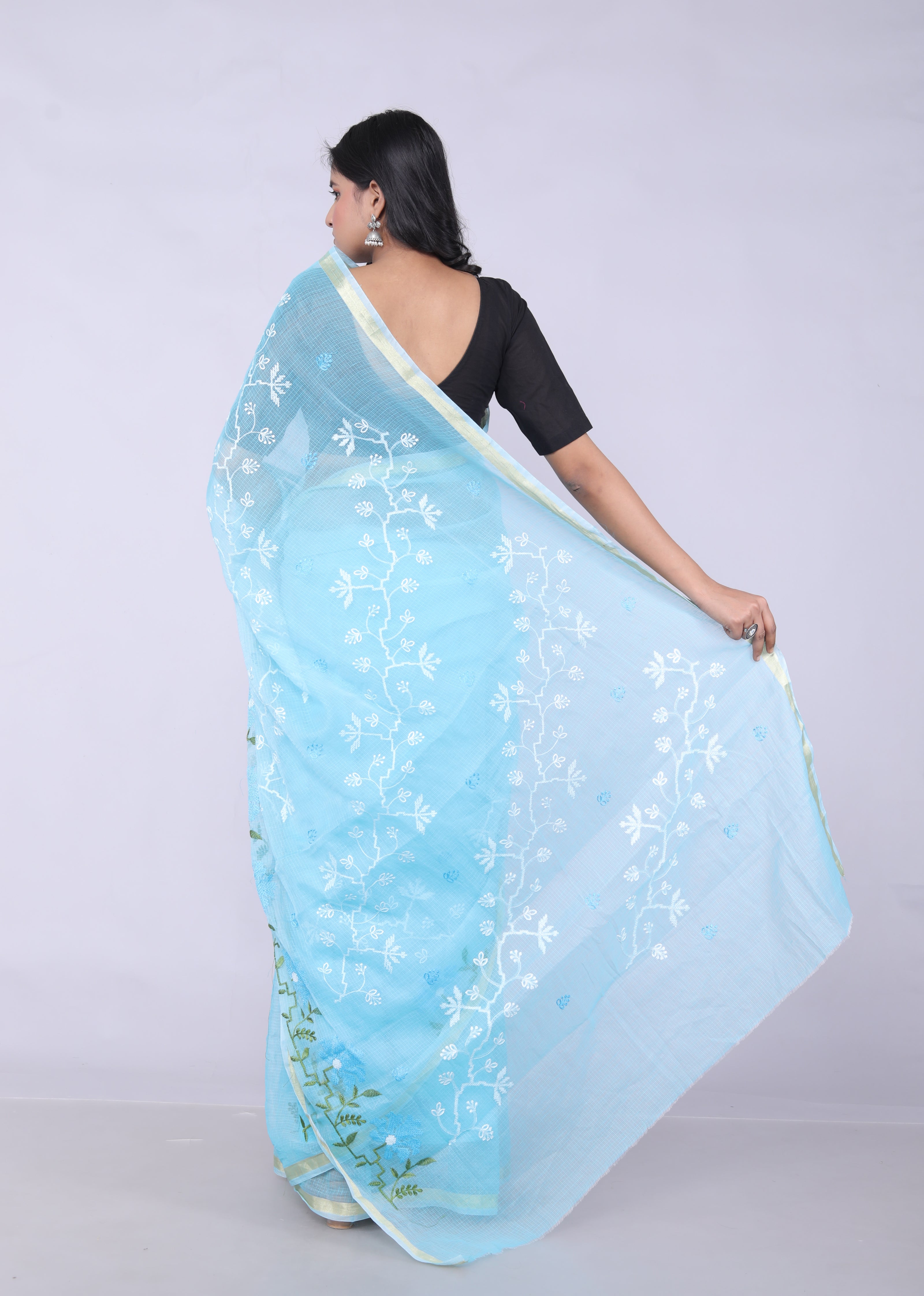 RAJGLOBAL Self Design Embroidered Kota Doria Cotton Blend Saree with Unstitched Blouse pink design 2