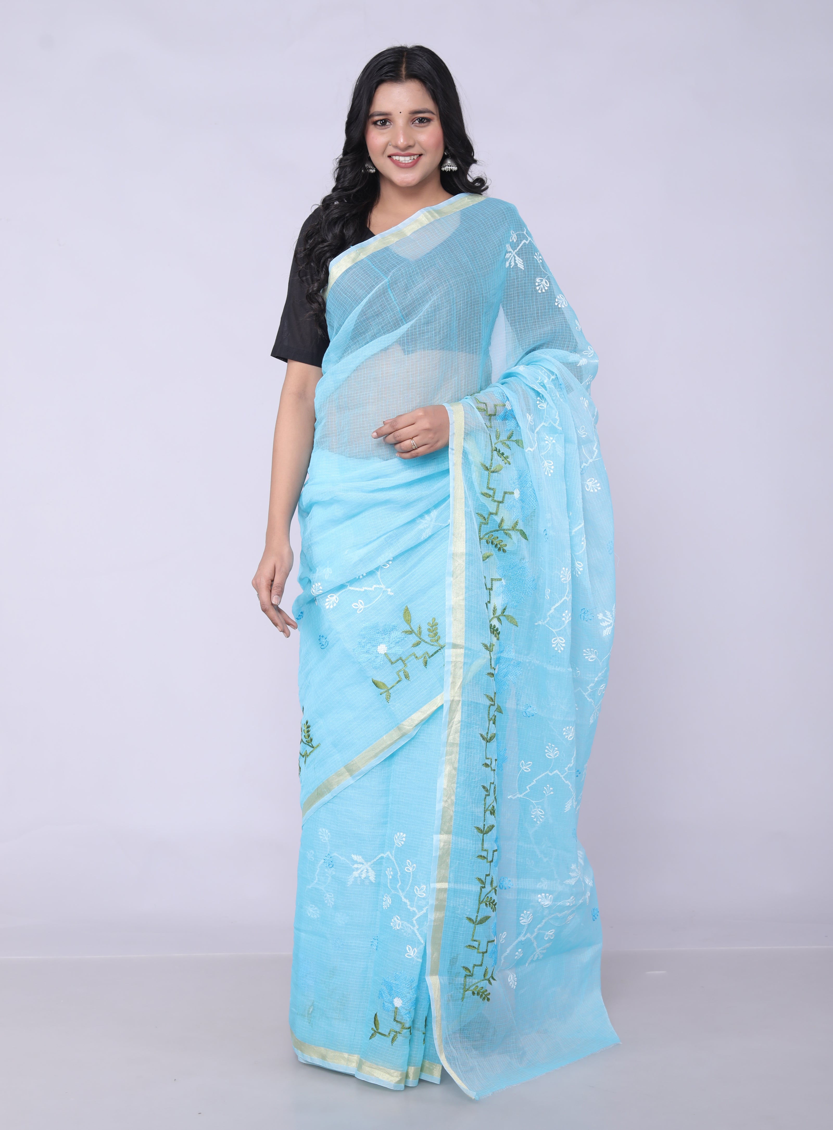 RAJGLOBAL Self Design Embroidered Kota Doria Cotton Blend Saree with Unstitched Blouse pink design 2