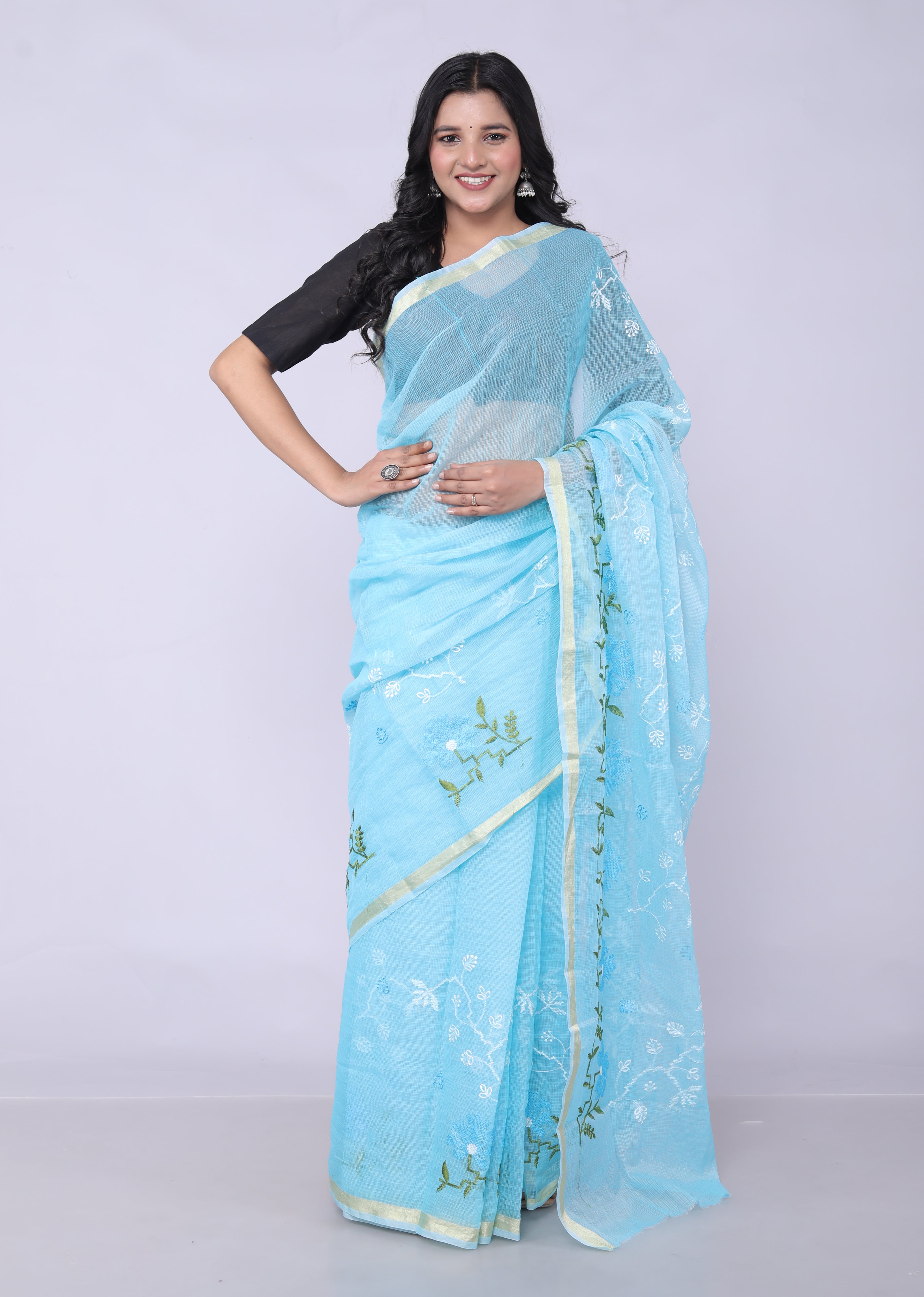 RAJGLOBAL Self Design Embroidered Kota Doria Cotton Blend Saree with Unstitched Blouse pink design 2