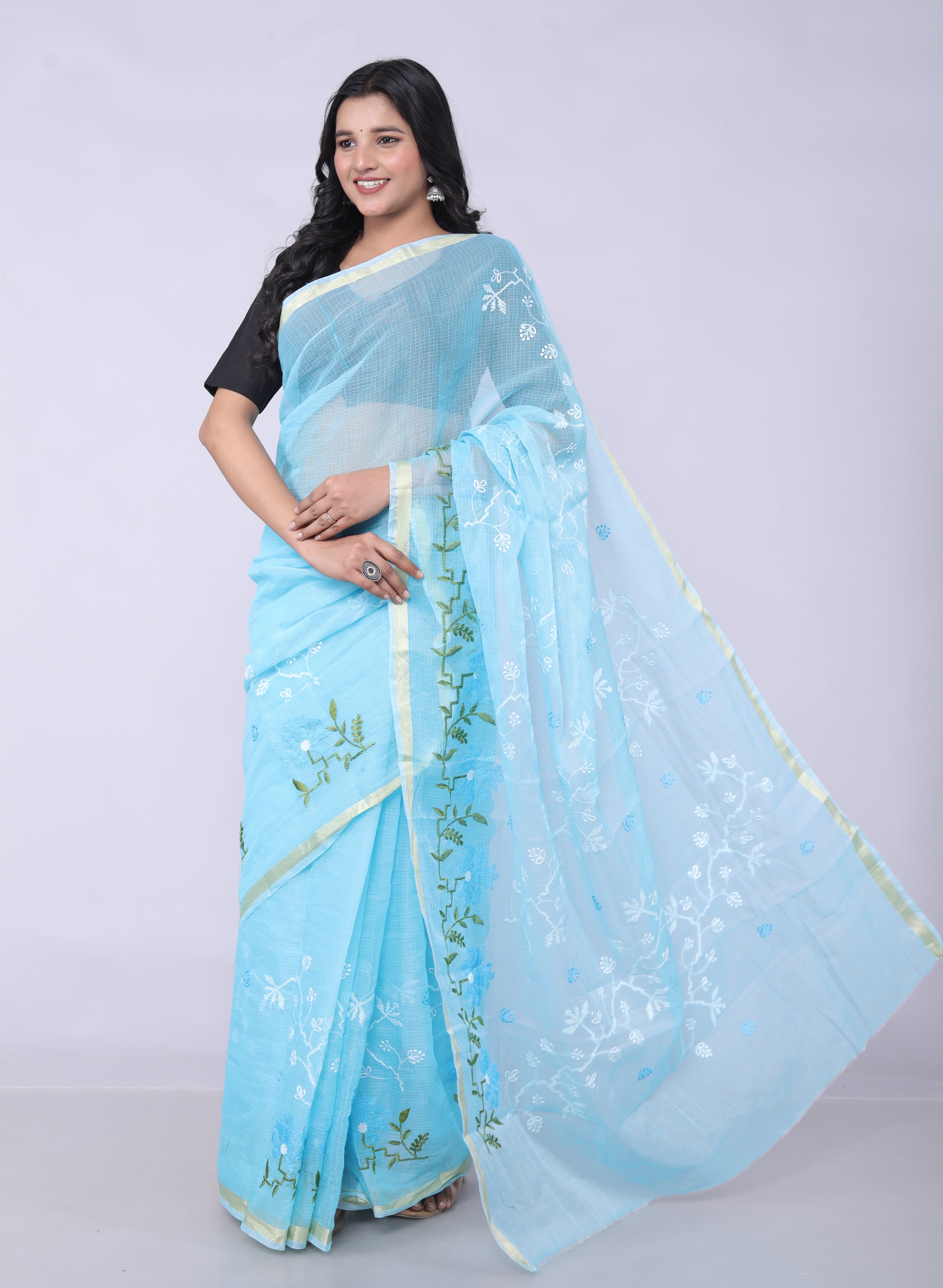 RAJGLOBAL Self Design Embroidered Kota Doria Cotton Blend Saree with Unstitched Blouse pink design 2