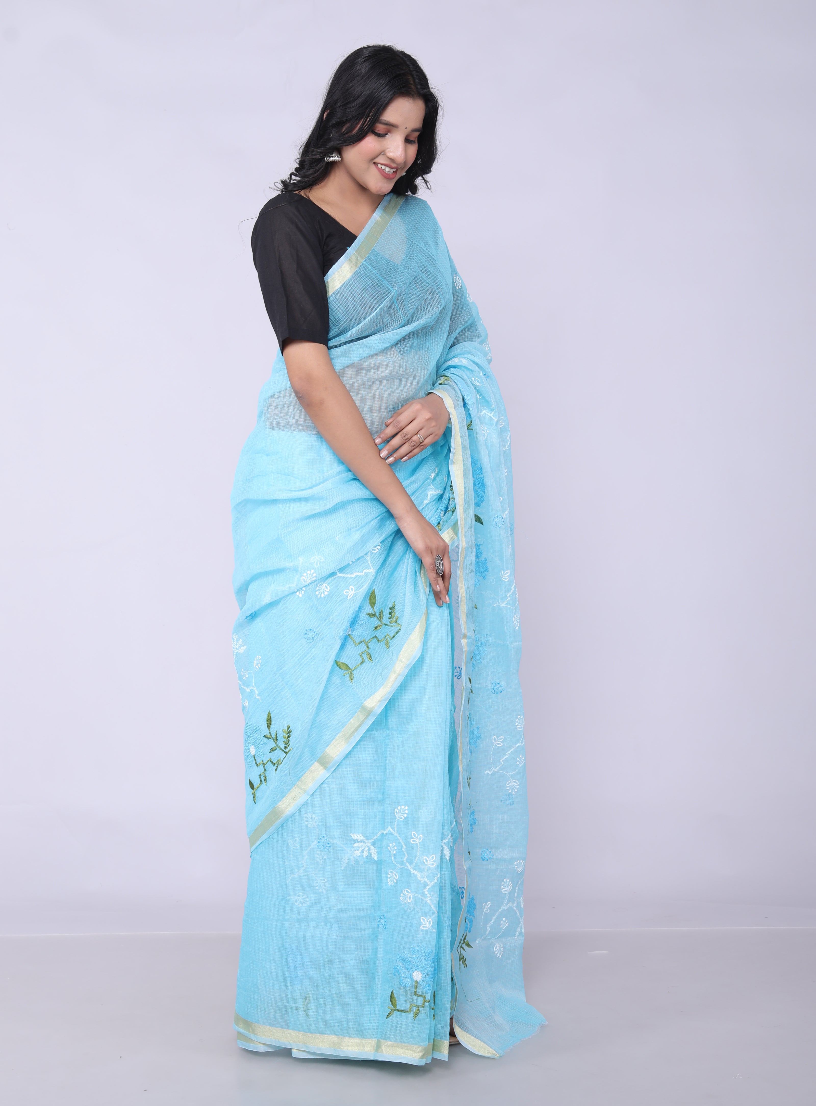 RAJGLOBAL Self Design Embroidered Kota Doria Cotton Blend Saree with Unstitched Blouse pink design 2