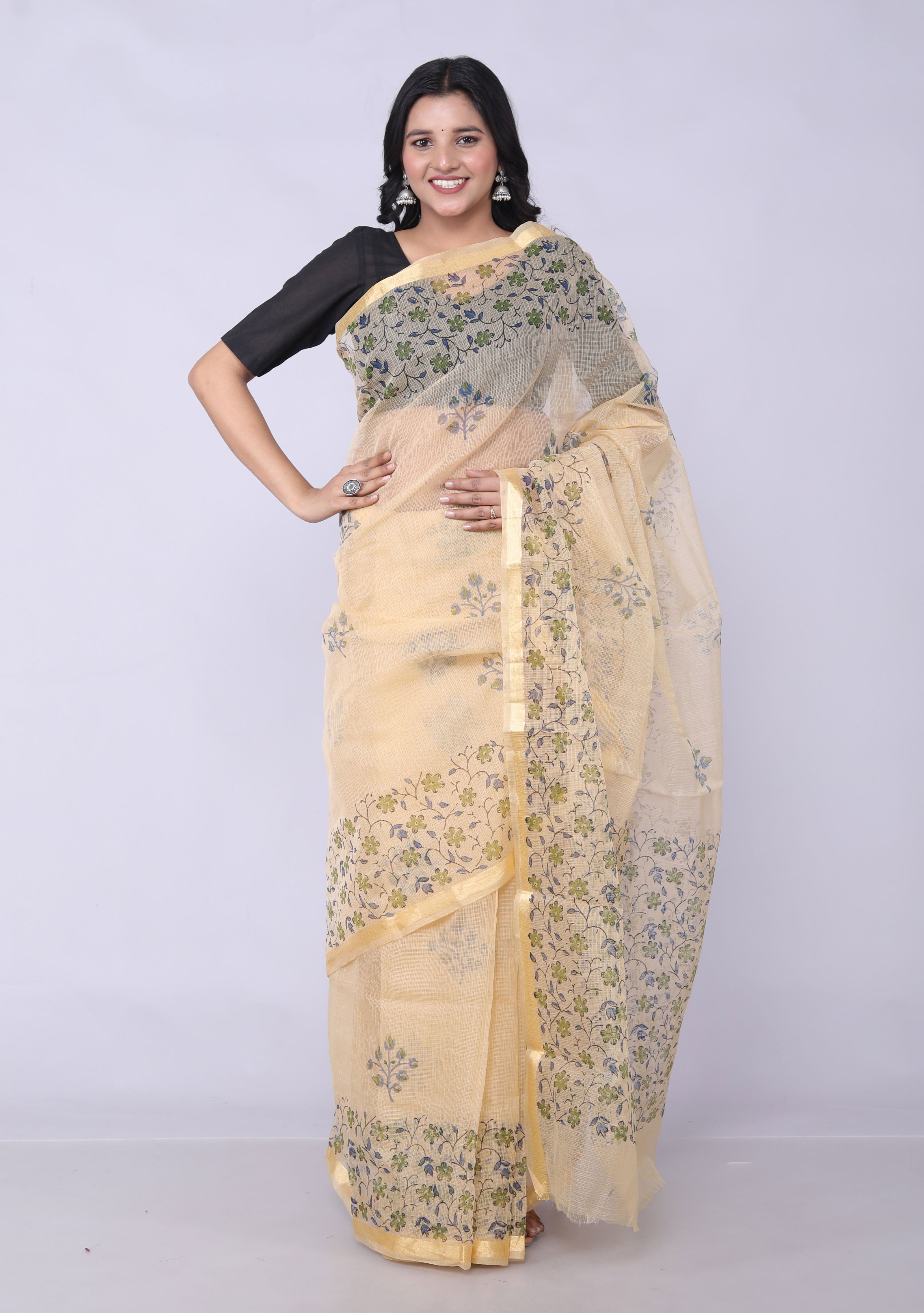 RAJGLOBAL Self Design Embroidered Kota Doria Cotton Blend Saree with Unstitched Blouse Light Yellow 22