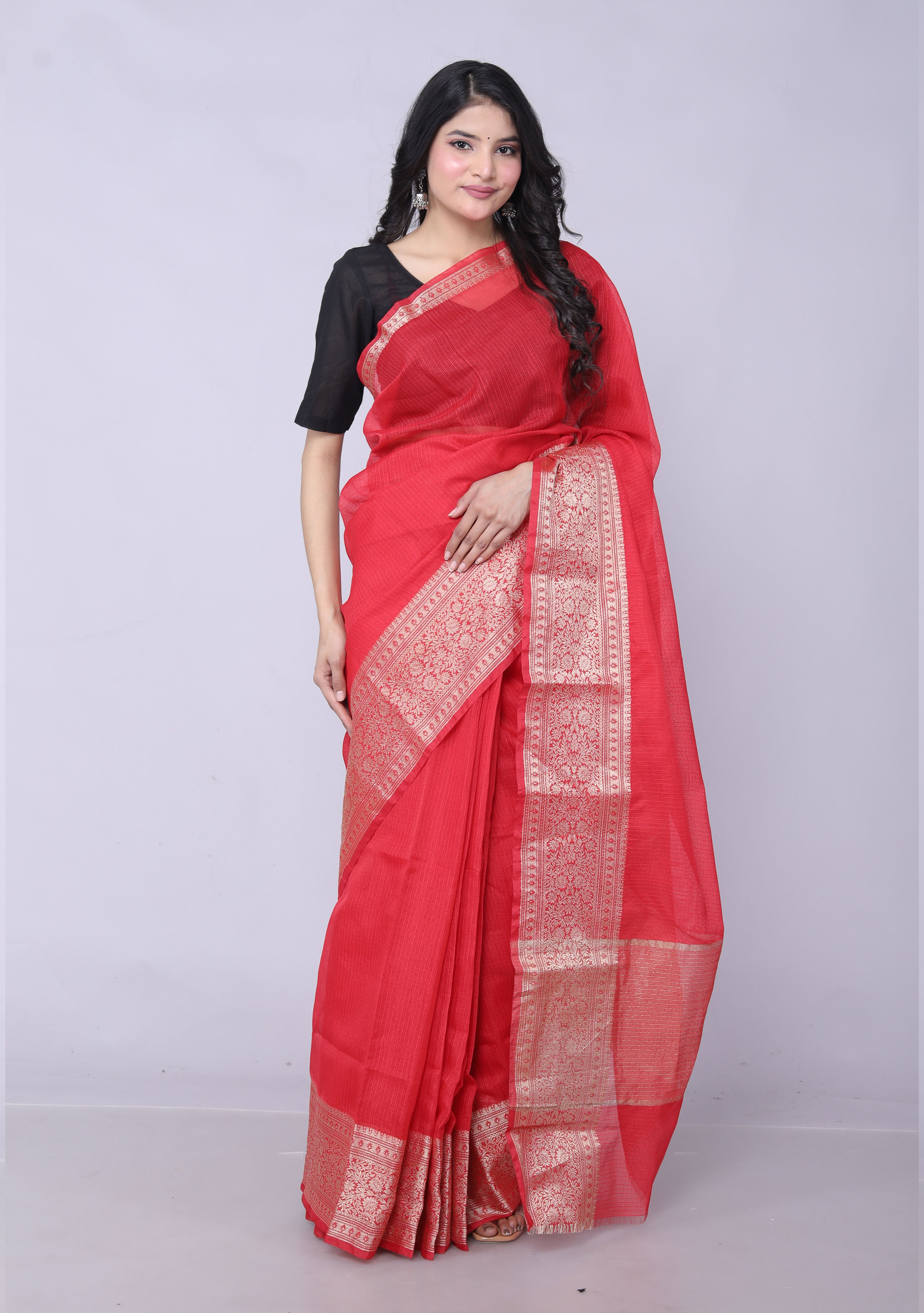 RAJGLOBAL Kota Doria Broad Zari Cotton Blend Saree with Unstitched Blouse Red