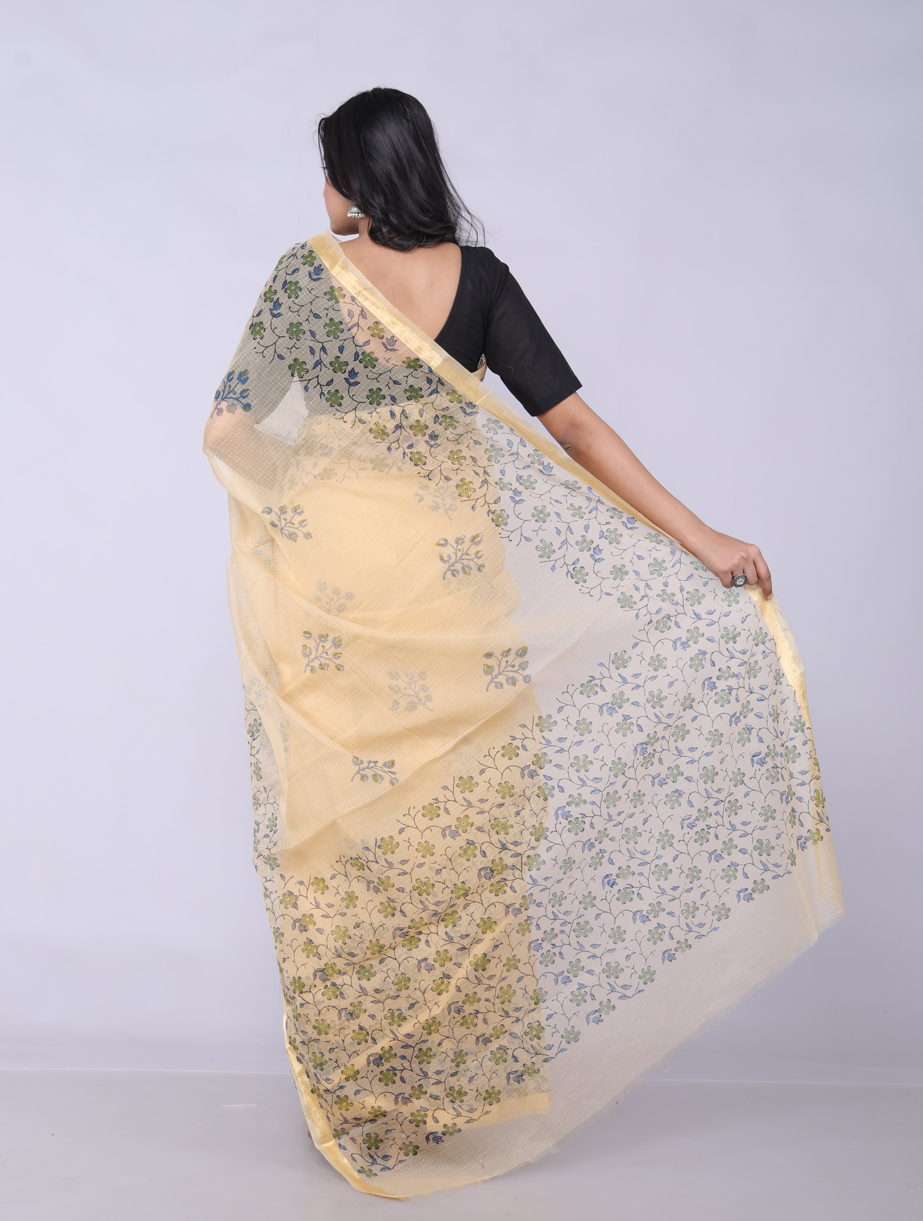 RAJGLOBAL Self Design Embroidered Kota Doria Cotton Blend Saree with Unstitched Blouse Light Yellow 22