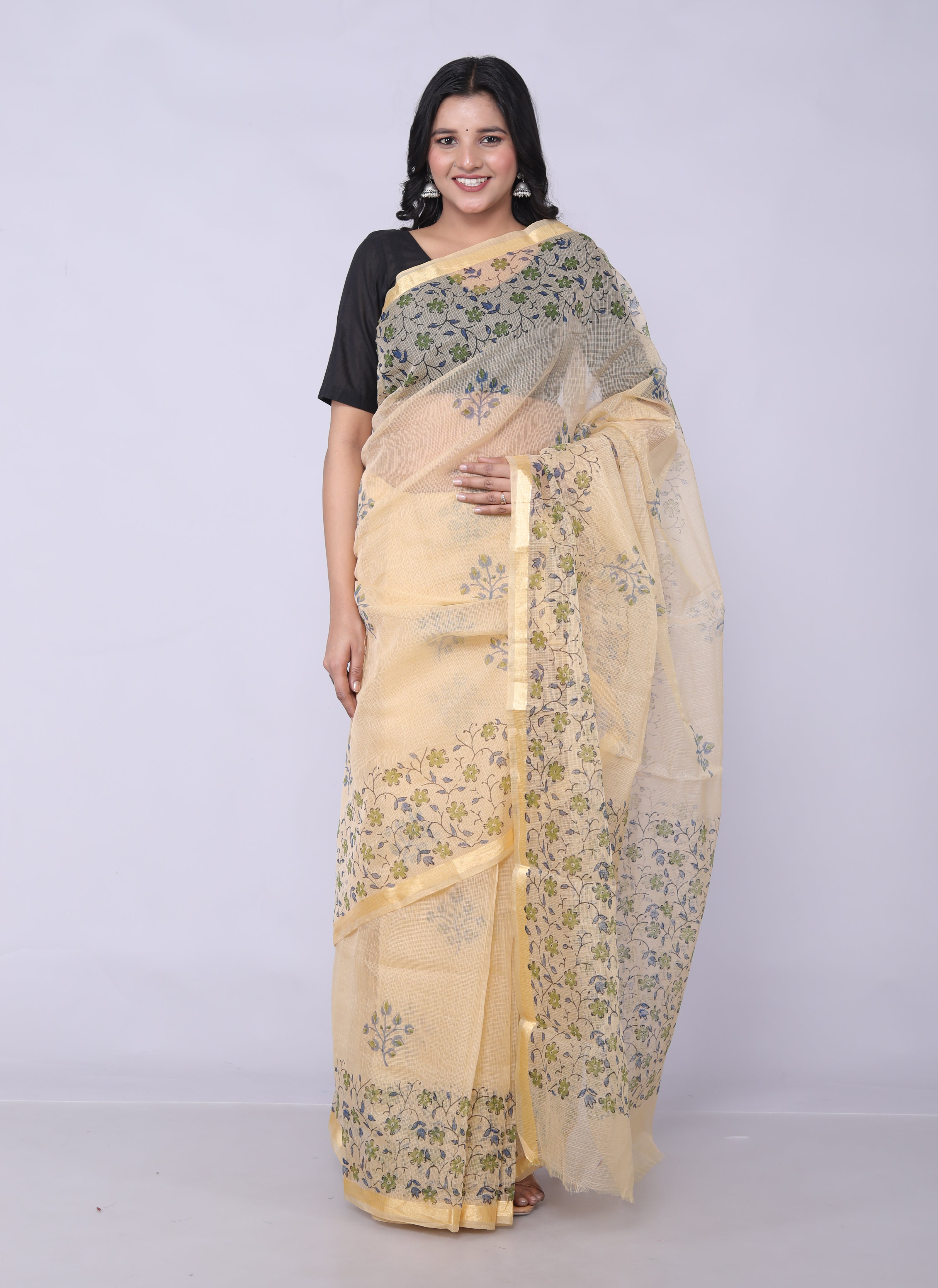 RAJGLOBAL Self Design Embroidered Kota Doria Cotton Blend Saree with Unstitched Blouse Light Yellow 22