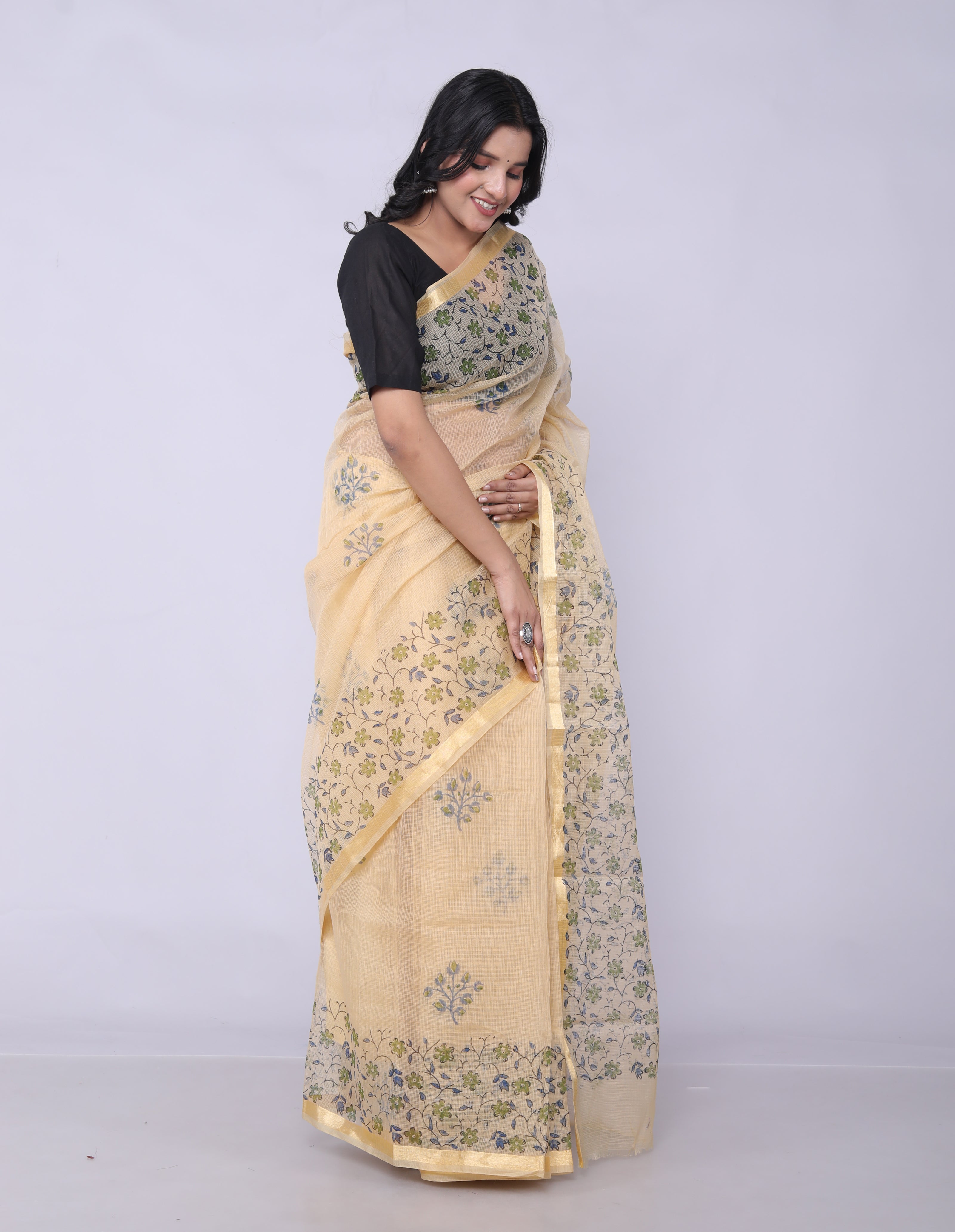 RAJGLOBAL Self Design Embroidered Kota Doria Cotton Blend Saree with Unstitched Blouse Light Yellow 22