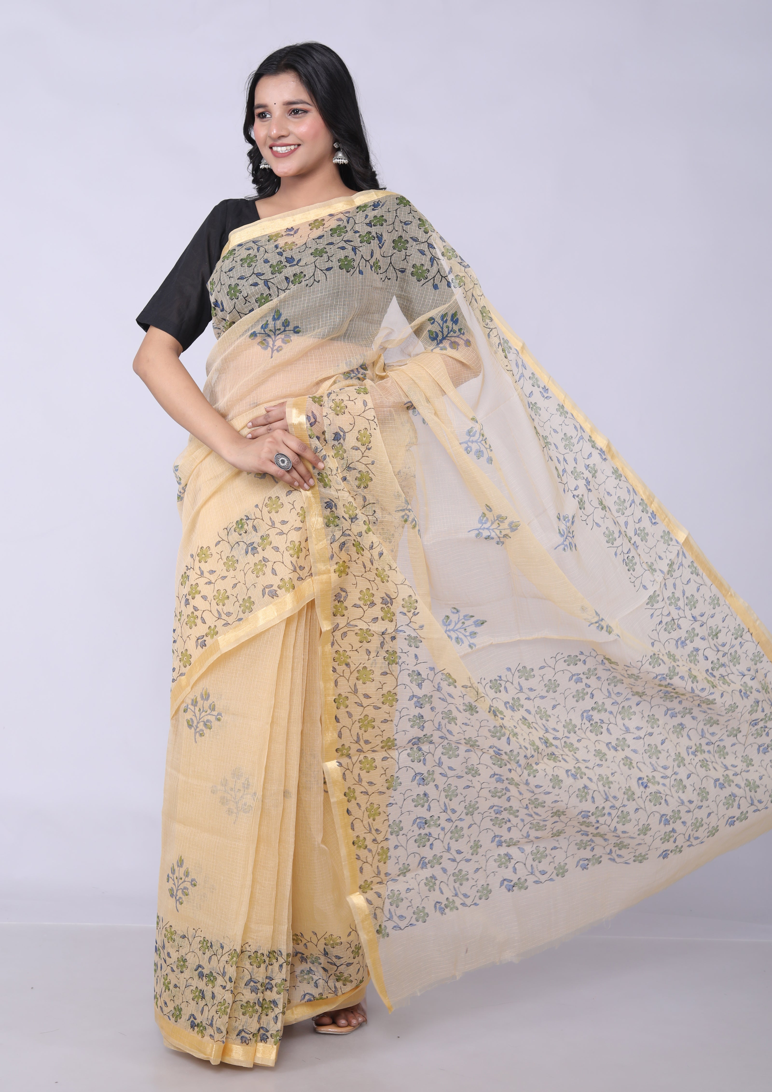 RAJGLOBAL Self Design Embroidered Kota Doria Cotton Blend Saree with Unstitched Blouse Light Yellow 22