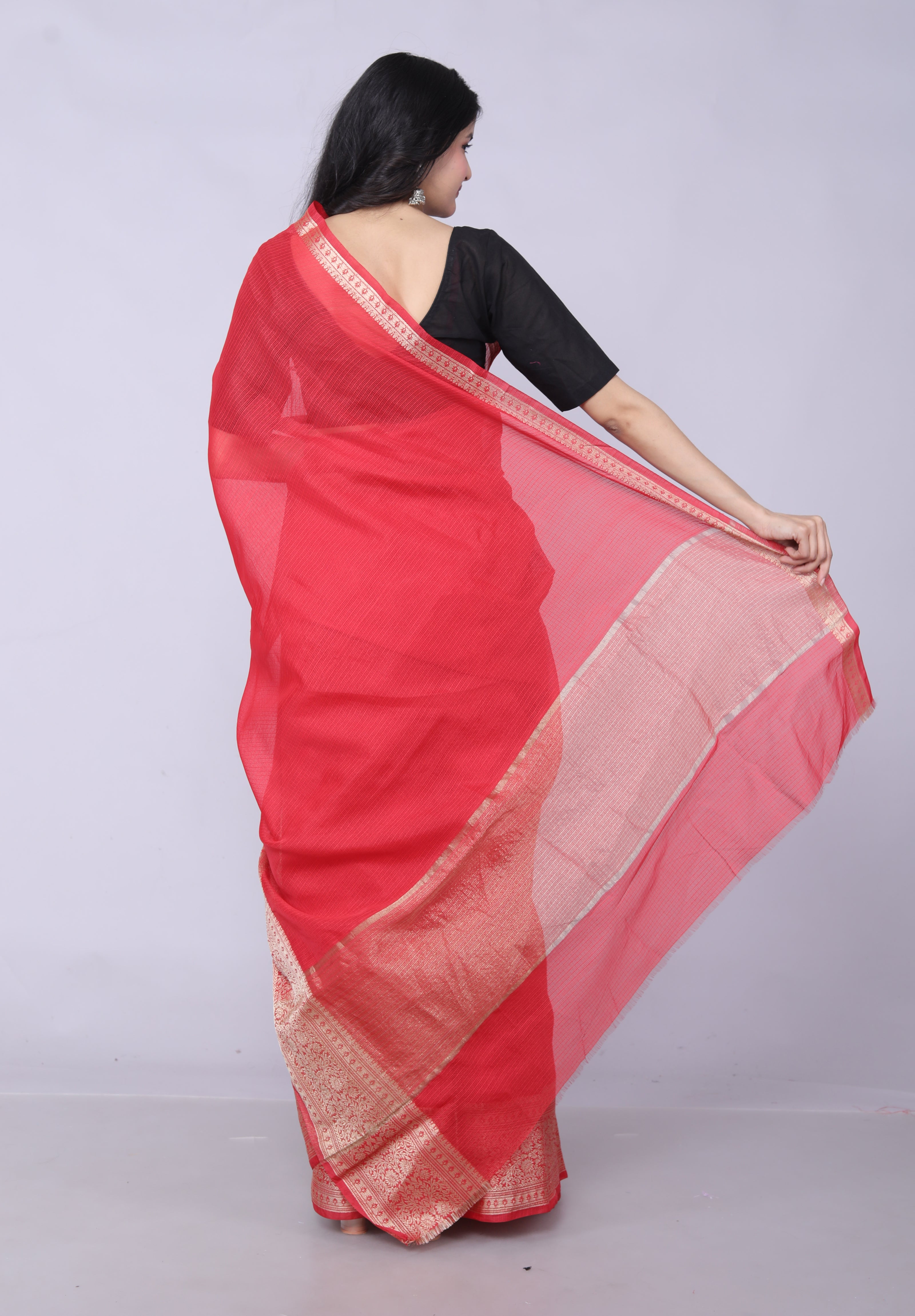 RAJGLOBAL Kota Doria Broad Zari Cotton Blend Saree with Unstitched Blouse Red