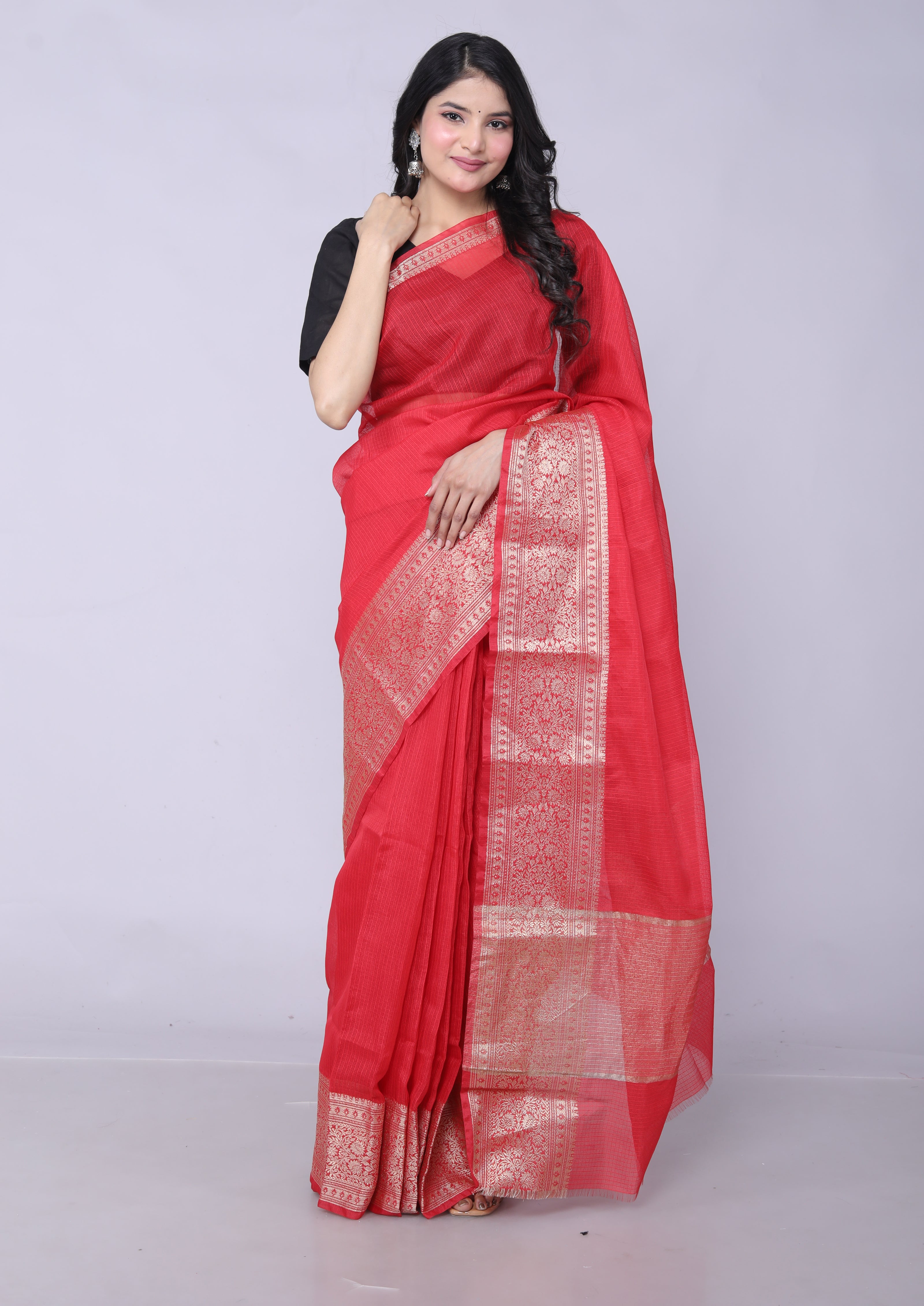 RAJGLOBAL Kota Doria Broad Zari Cotton Blend Saree with Unstitched Blouse Red