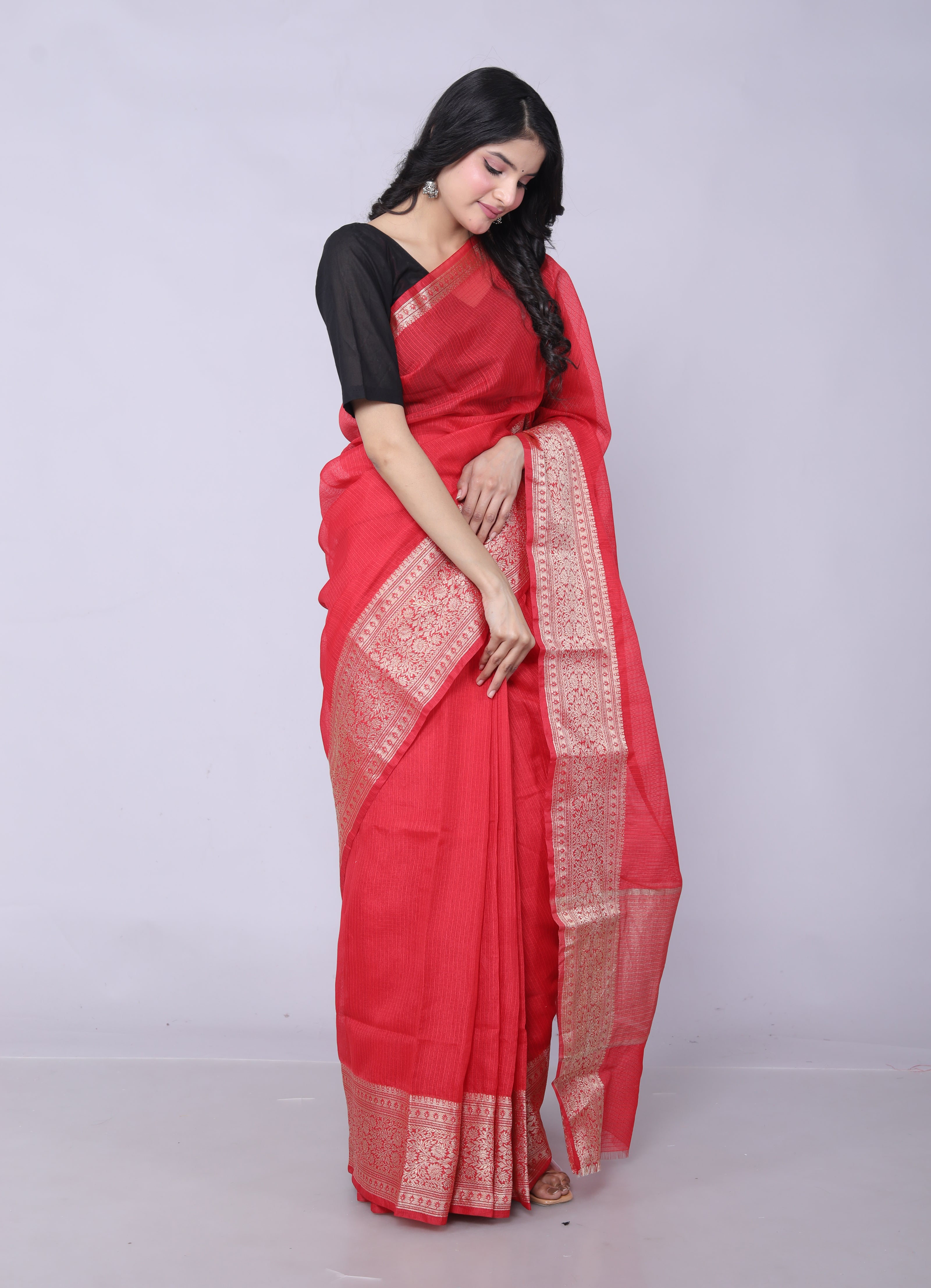 RAJGLOBAL Kota Doria Broad Zari Cotton Blend Saree with Unstitched Blouse Red
