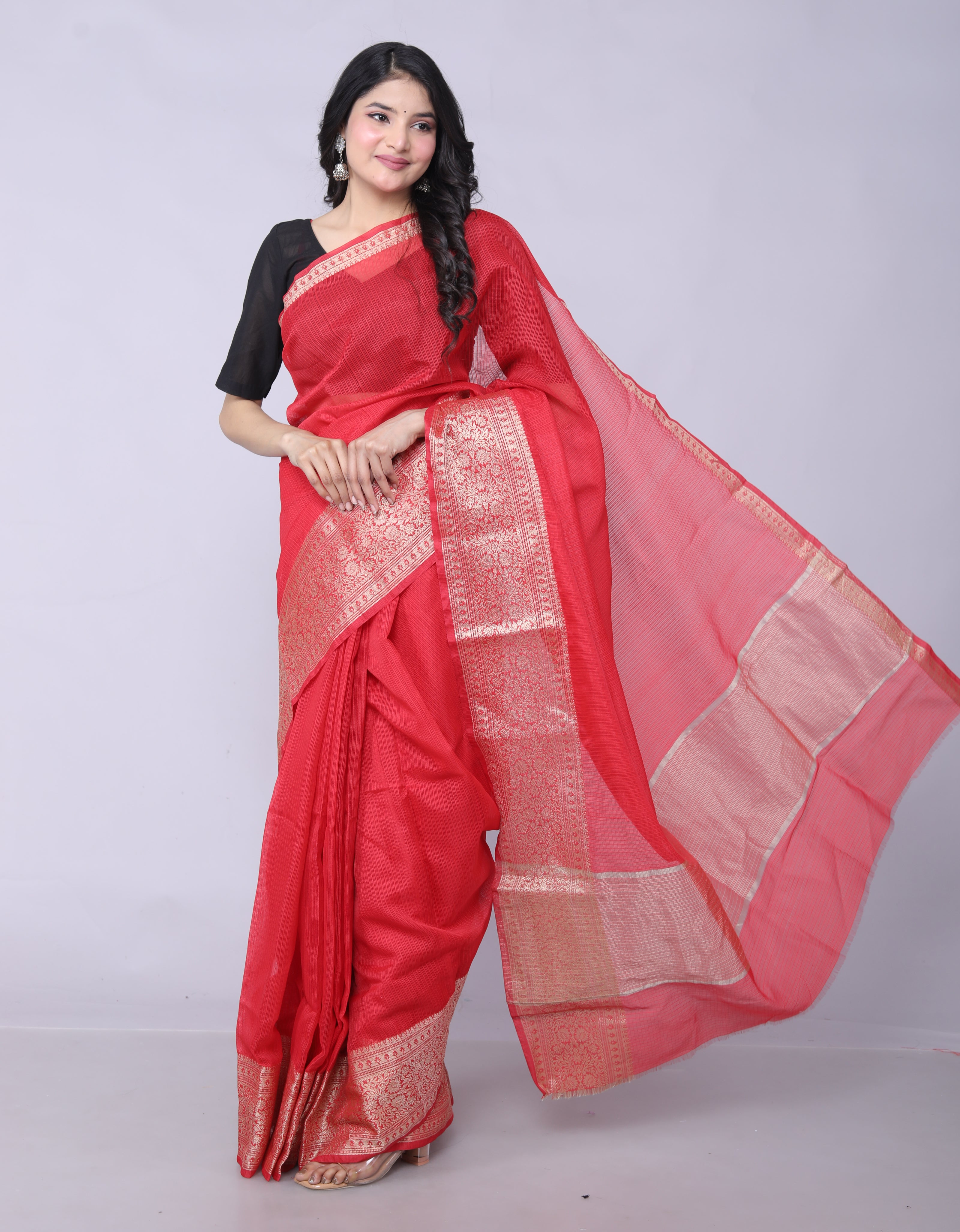 RAJGLOBAL Kota Doria Broad Zari Cotton Blend Saree with Unstitched Blouse Red