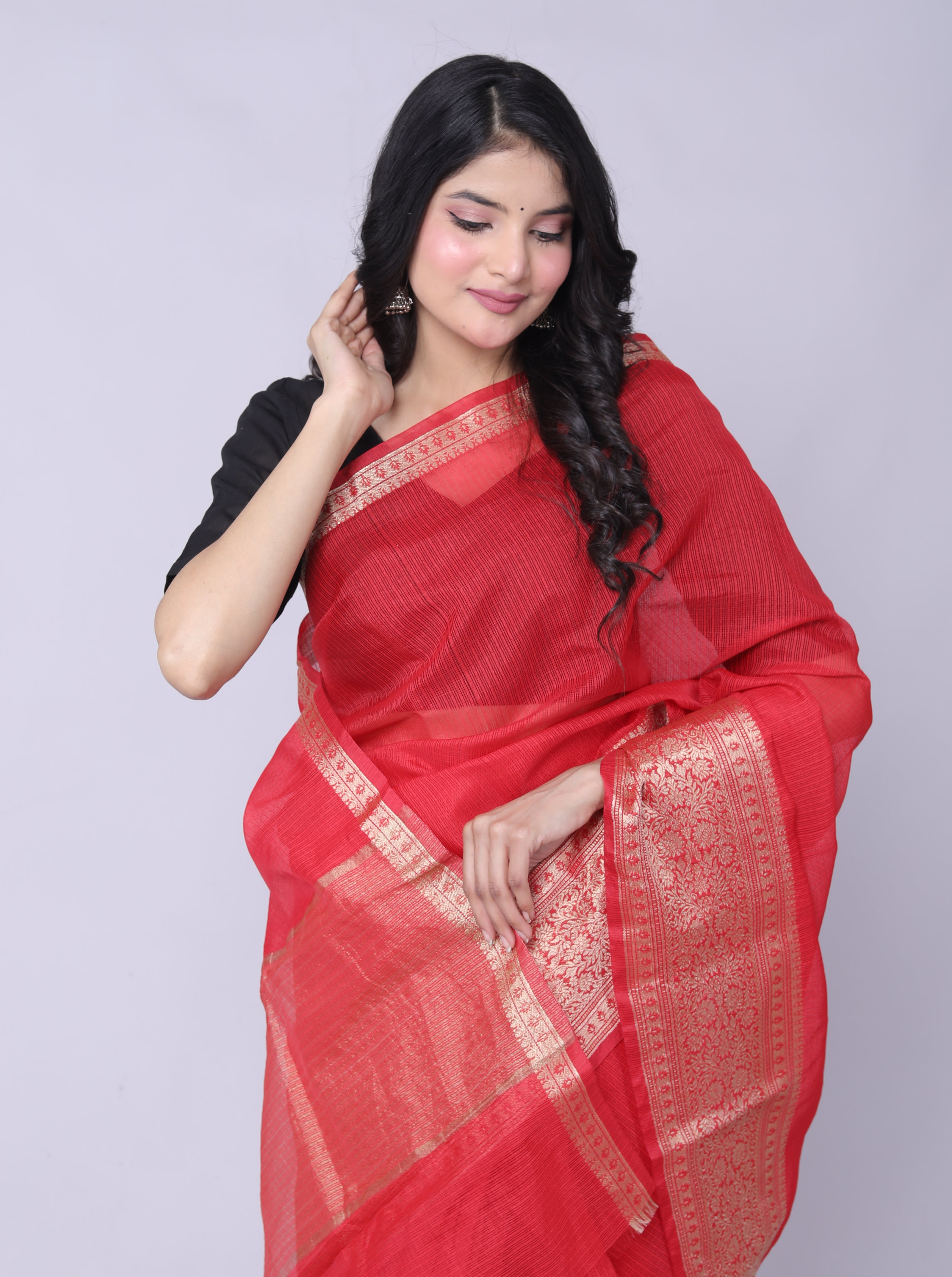 RAJGLOBAL Kota Doria Broad Zari Cotton Blend Saree with Unstitched Blouse Red
