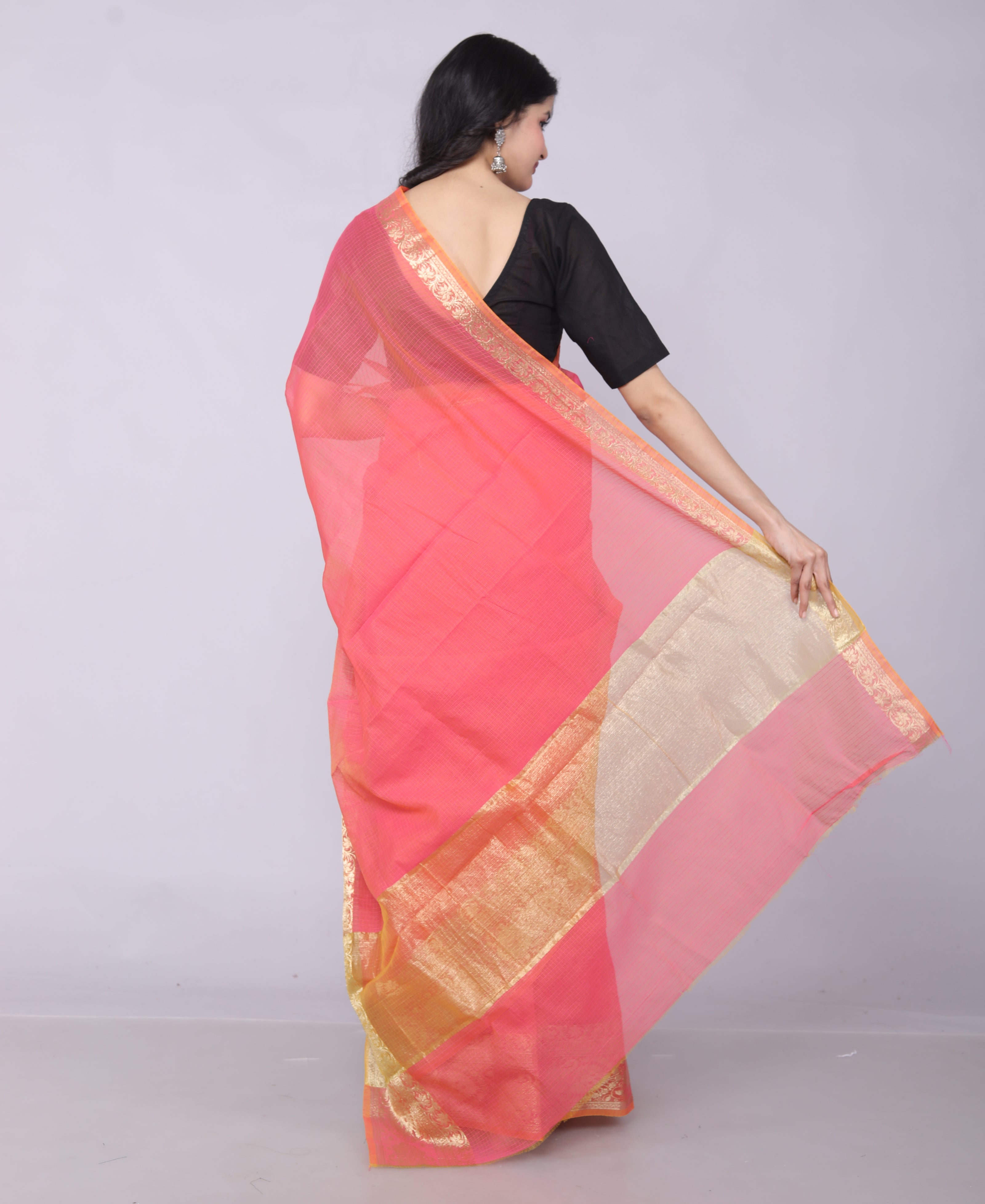 RAJGLOBAL Kota Doria Broad Zari Cotton Blend Saree with Unstitched Blouse Yellow