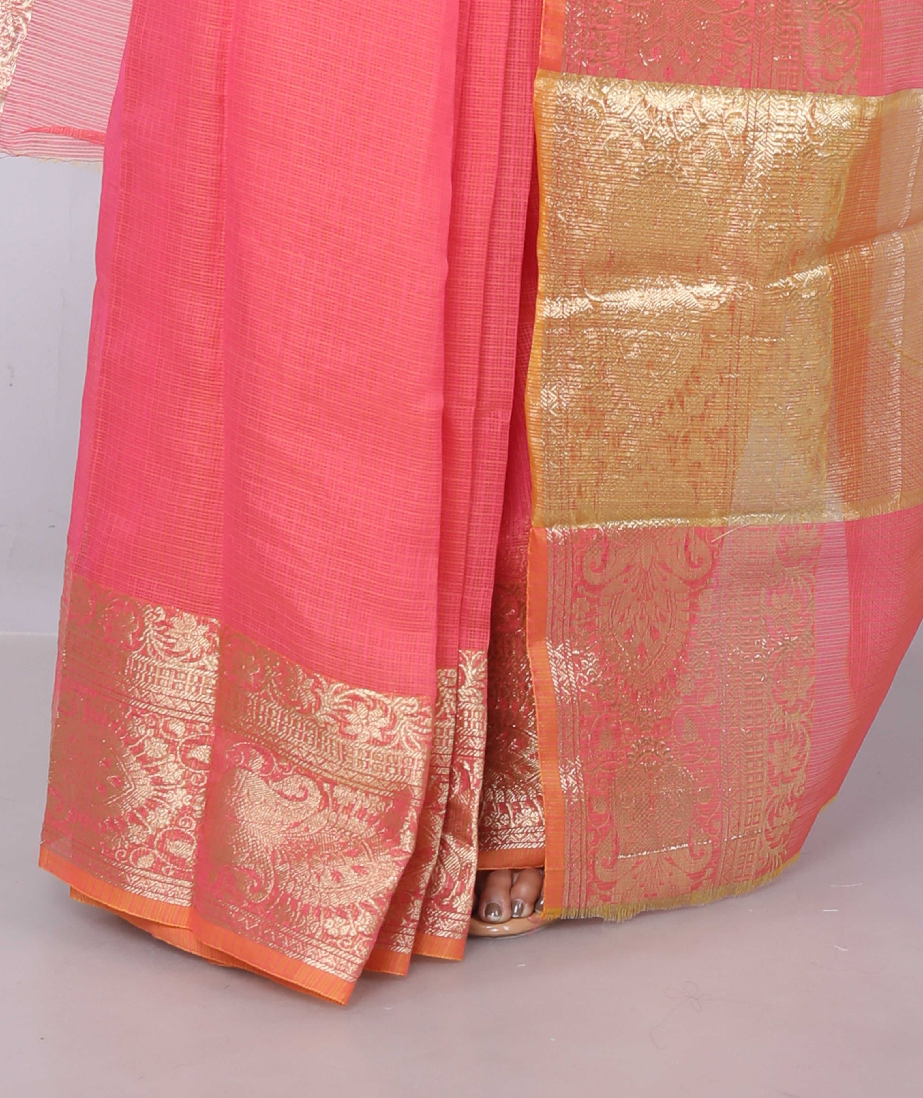 RAJGLOBAL Kota Doria Broad Zari Cotton Blend Saree with Unstitched Blouse Yellow