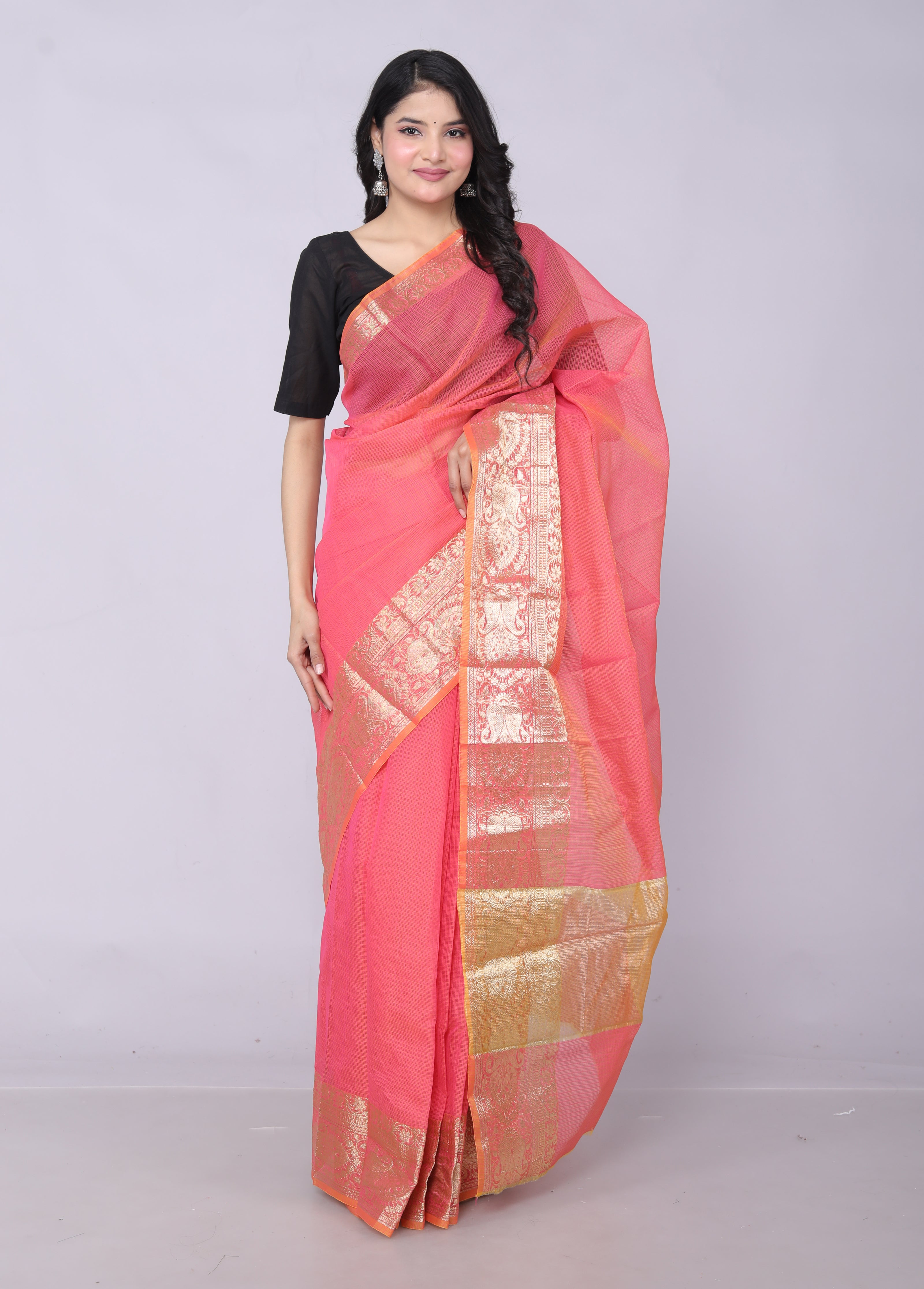 RAJGLOBAL Kota Doria Broad Zari Cotton Blend Saree with Unstitched Blouse coffee