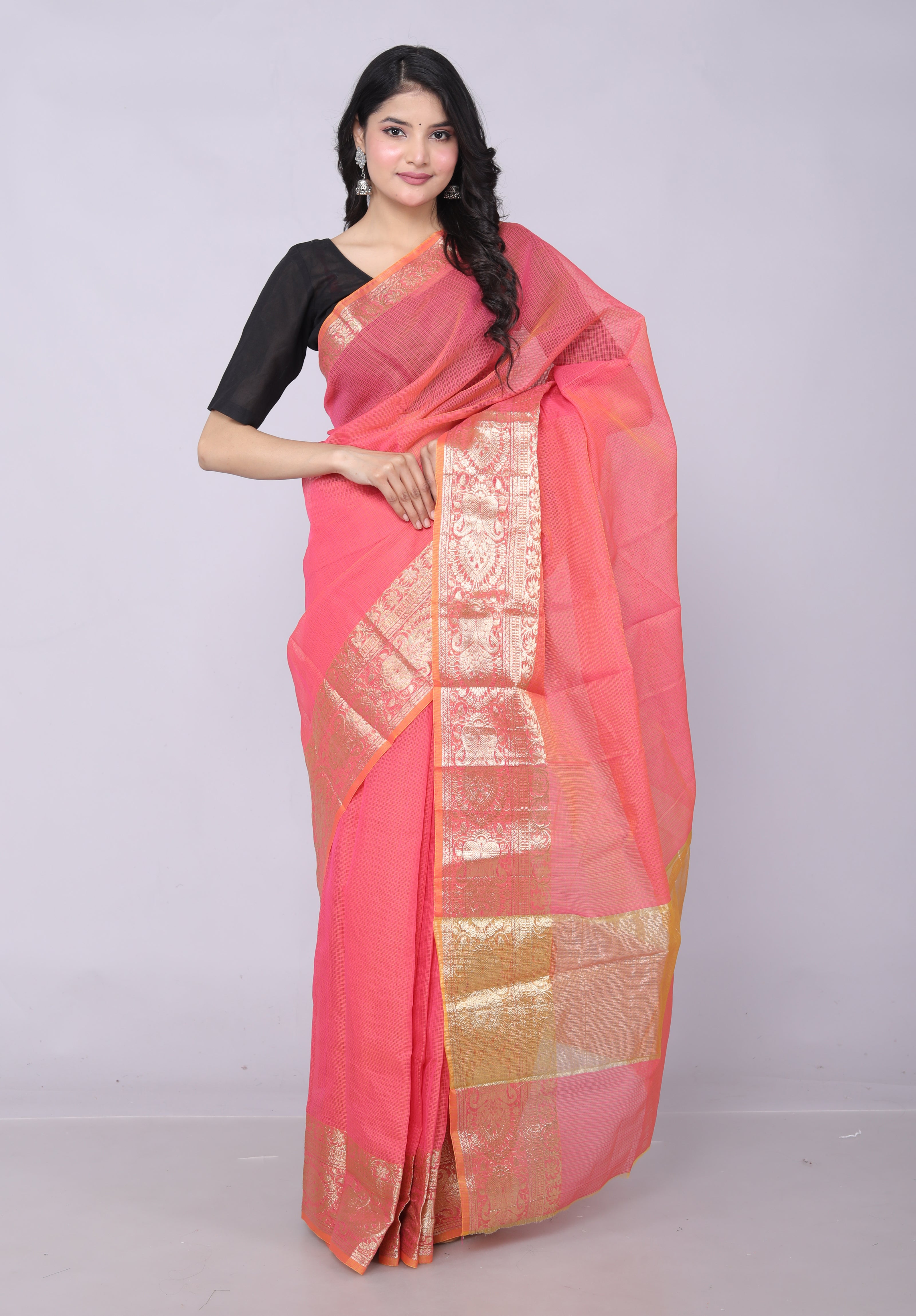 RAJGLOBAL Kota Doria Broad Zari Cotton Blend Saree with Unstitched Blouse Peach