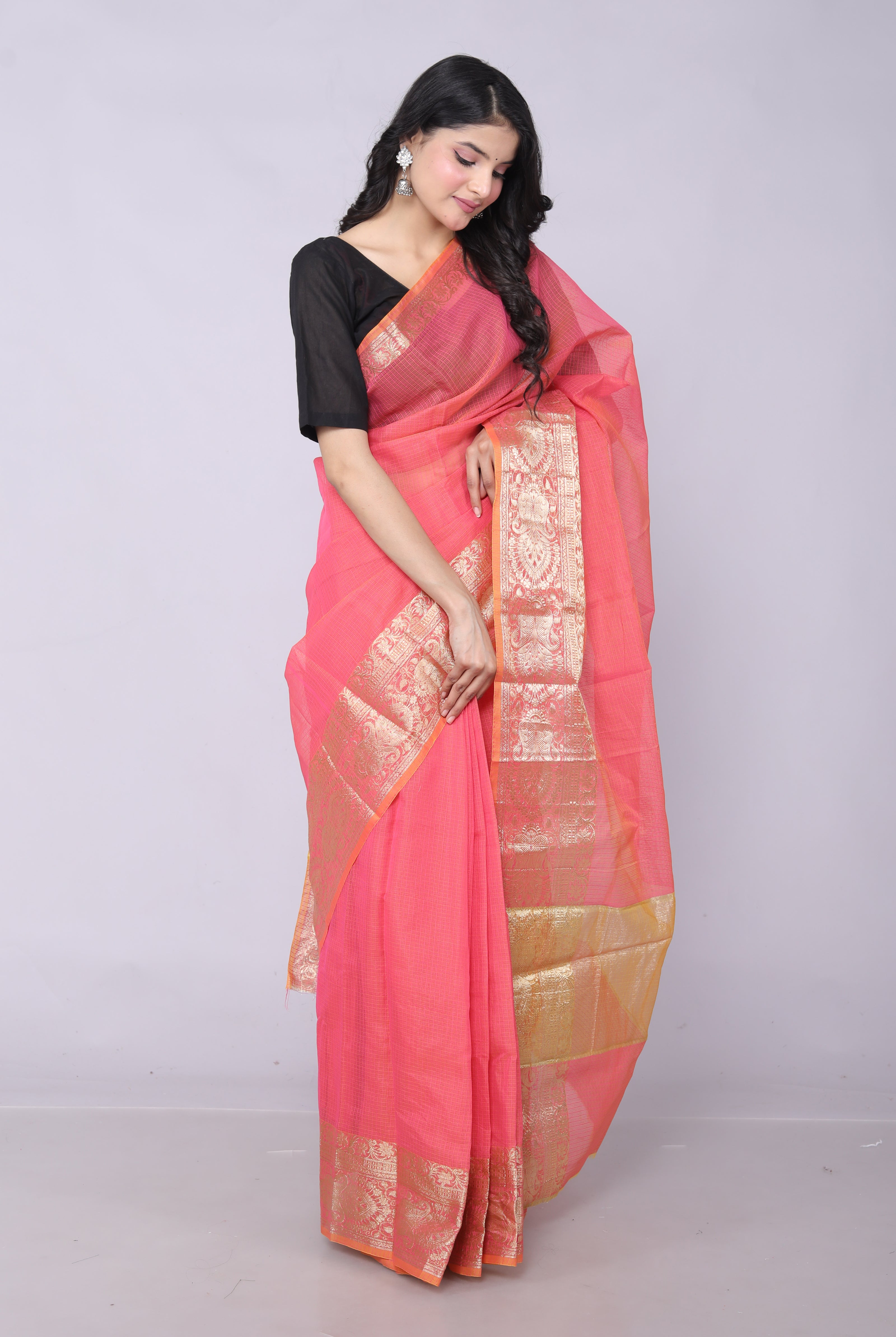 RAJGLOBAL Kota Doria Broad Zari Cotton Blend Saree with Unstitched Blouse Peach