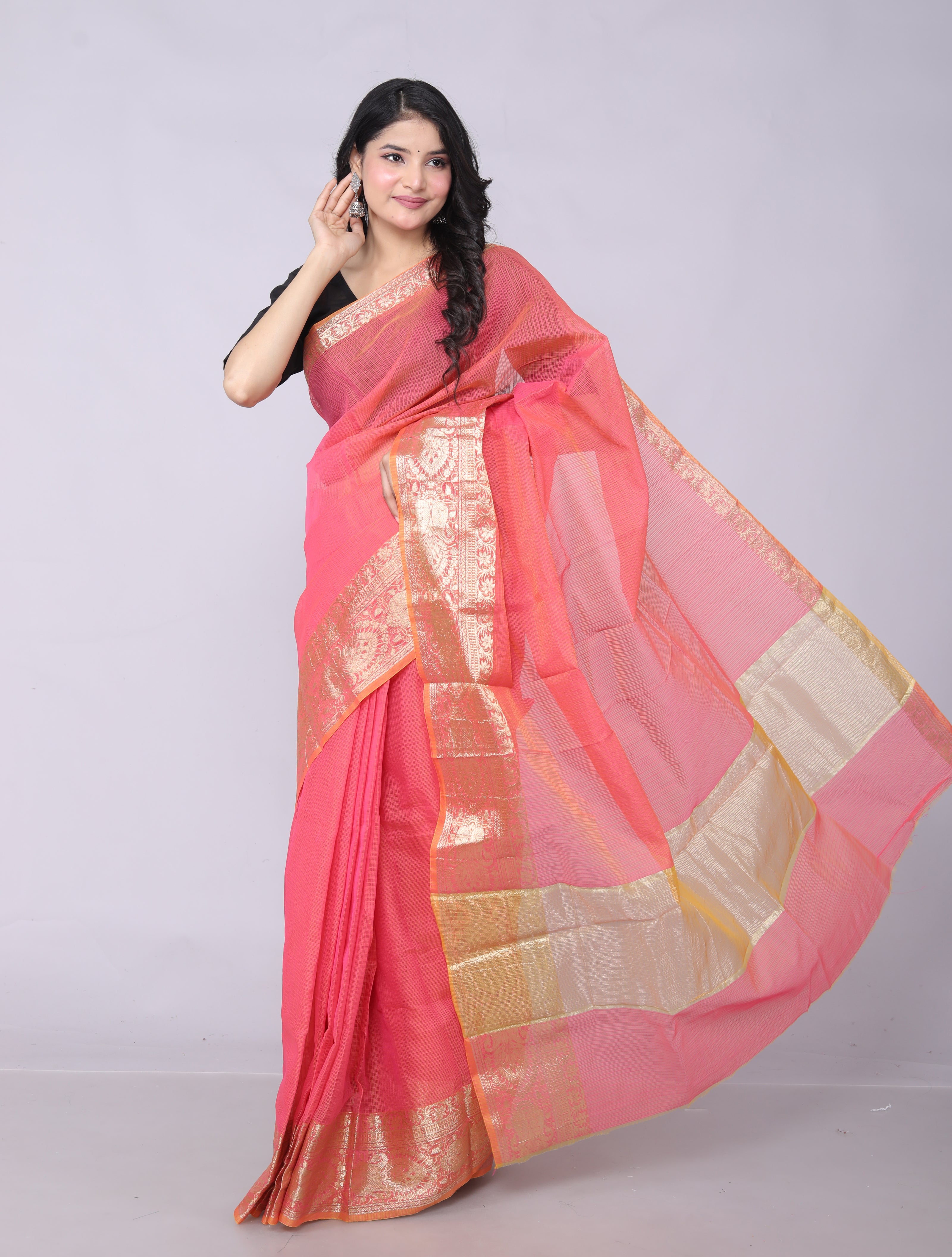 RAJGLOBAL Kota Doria Broad Zari Cotton Blend Saree with Unstitched Blouse Peach