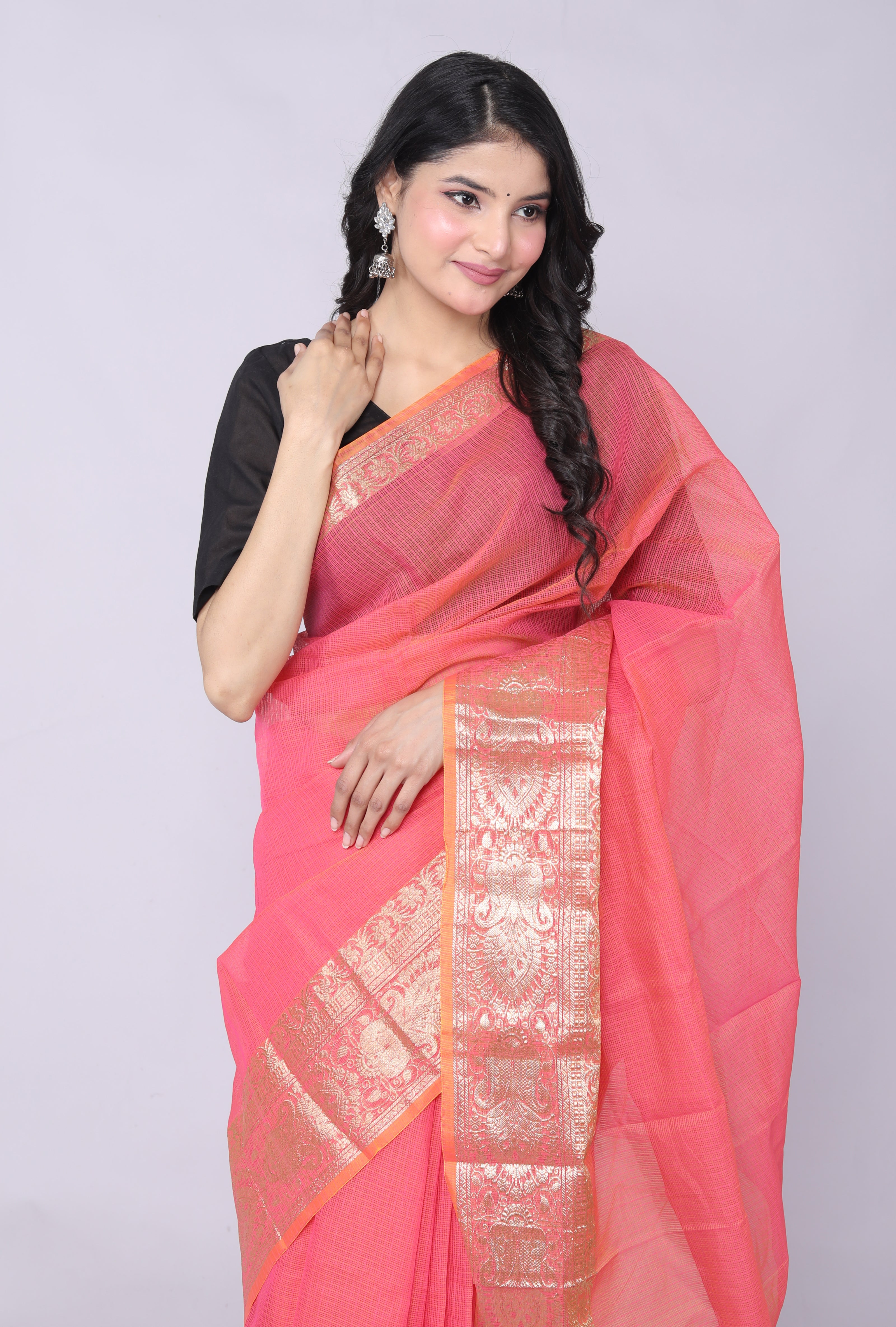 RAJGLOBAL Kota Doria Broad Zari Cotton Blend Saree with Unstitched Blouse Peach