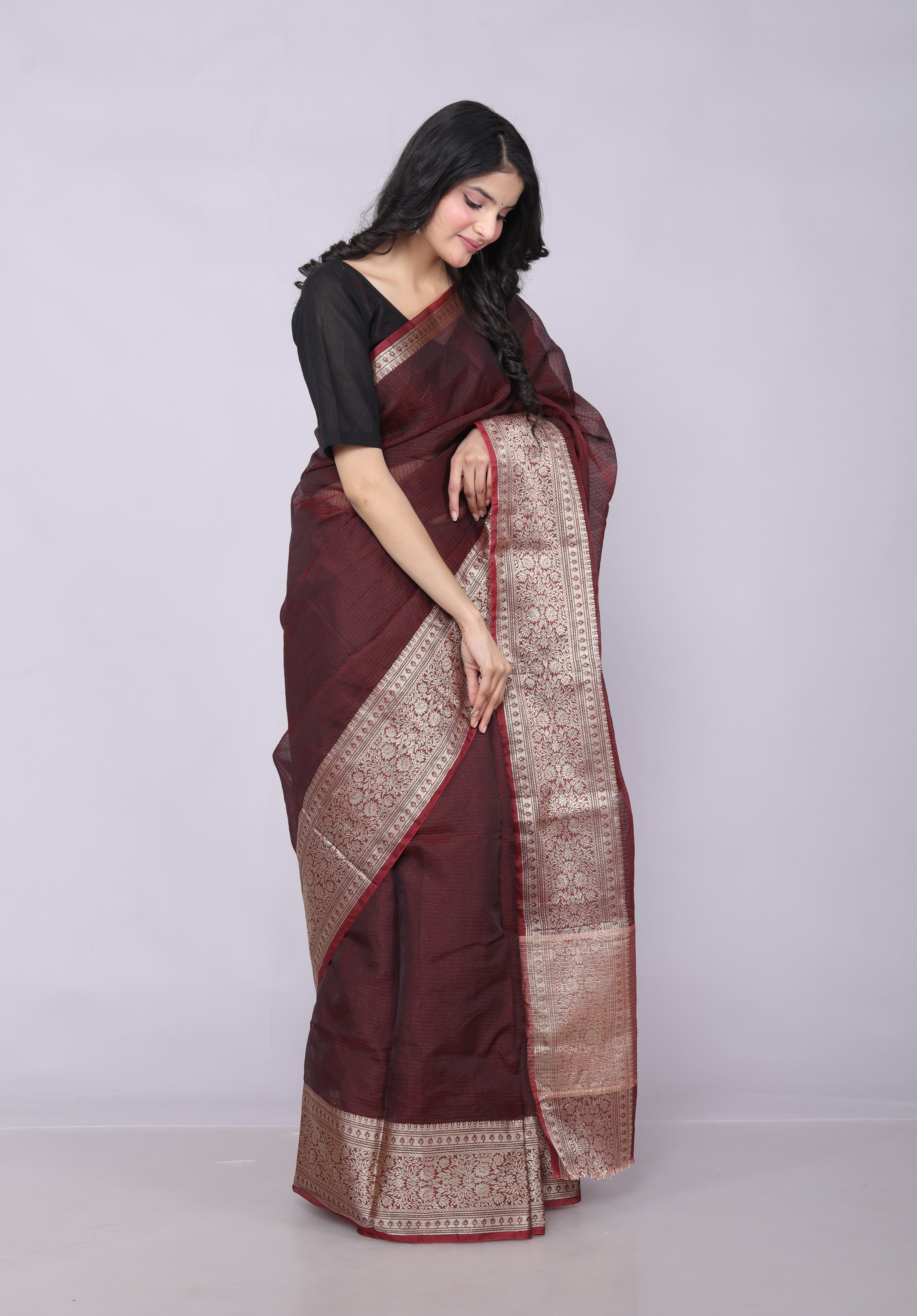 RAJGLOBAL Kota Doria Broad Zari Cotton Blend Saree with Unstitched Blouse Peach