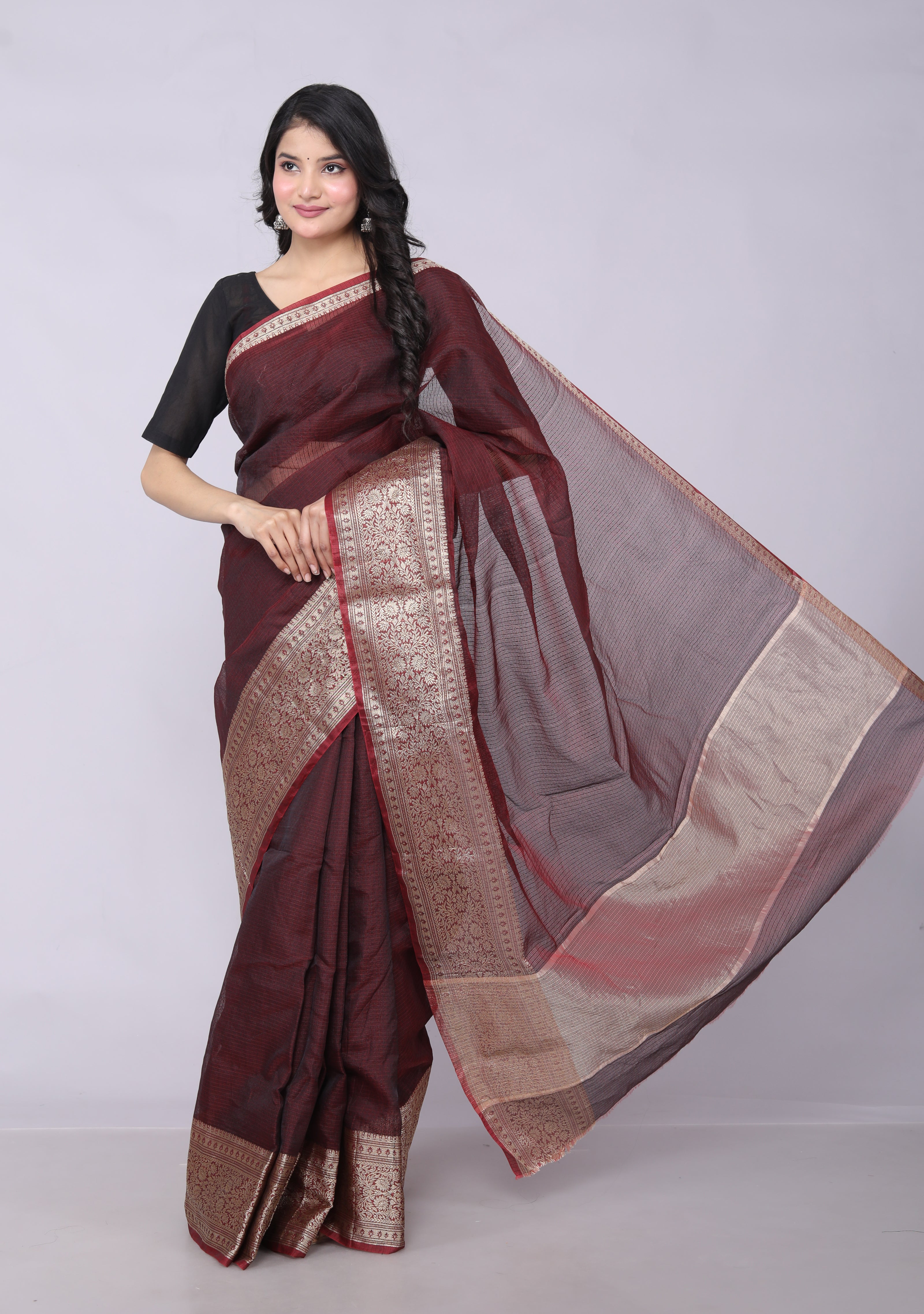 RAJGLOBAL Kota Doria Broad Zari Cotton Blend Saree with Unstitched Blouse Peach