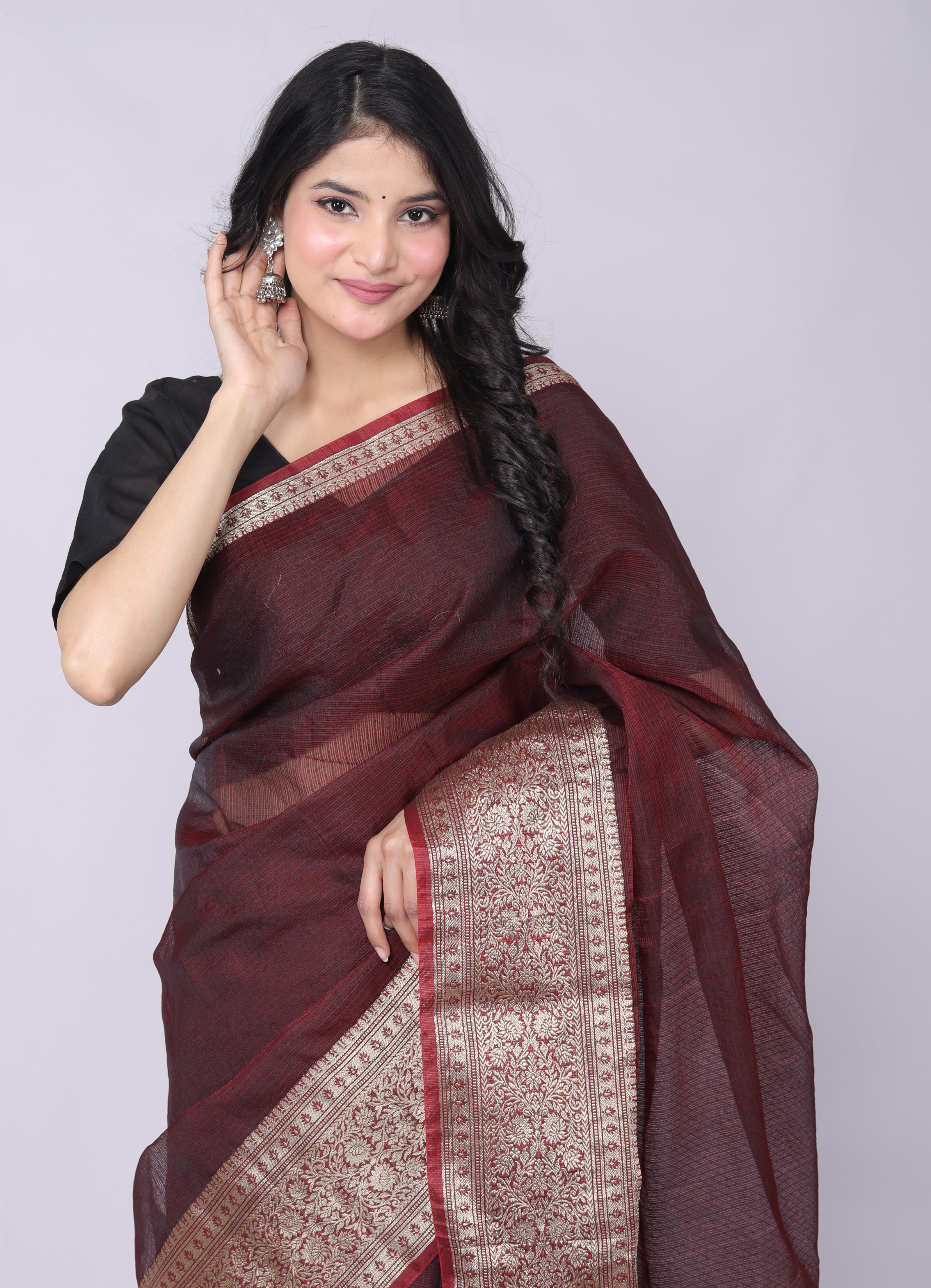 RAJGLOBAL Kota Doria Broad Zari Cotton Blend Saree with Unstitched Blouse Peach
