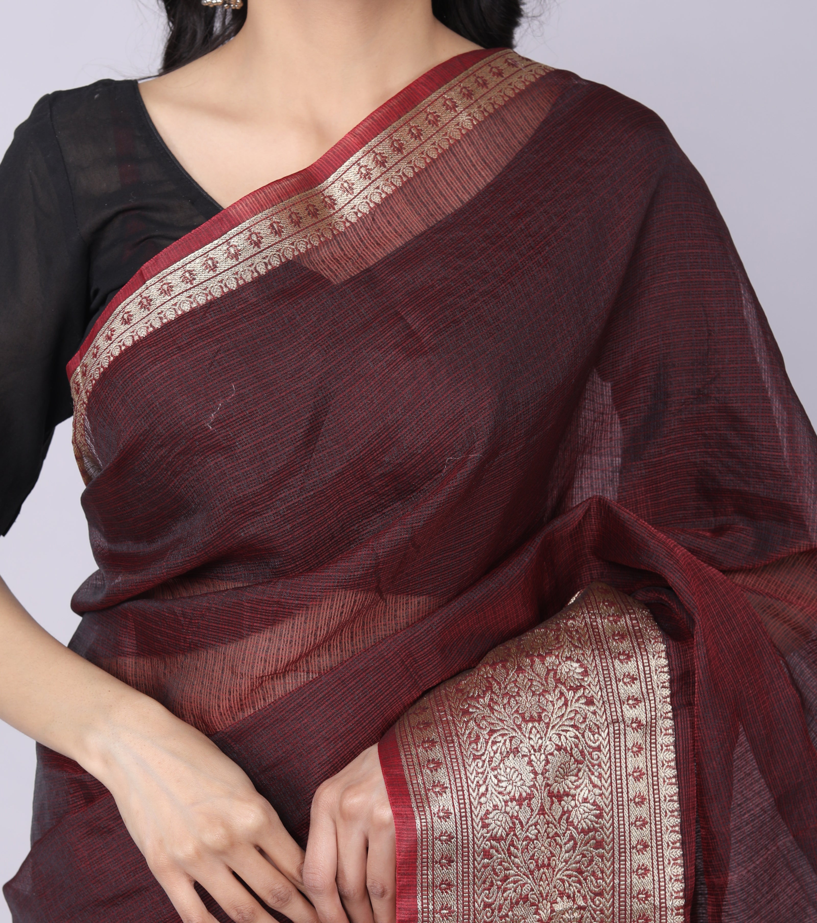 RAJGLOBAL Kota Doria Broad Zari Cotton Blend Saree with Unstitched Blouse Peach
