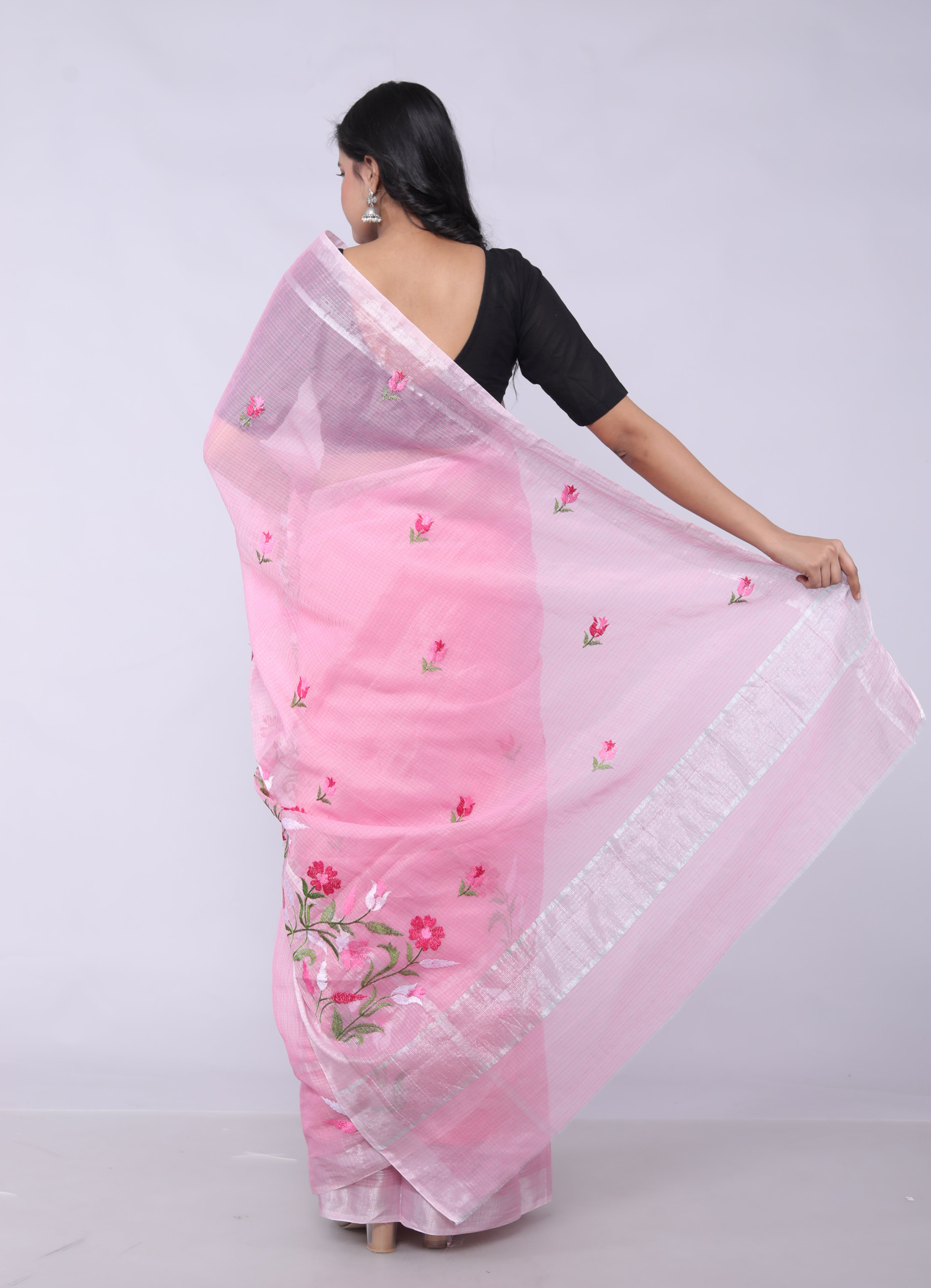 RAJGLOBAL Self Design Embroidered Kota Doria Cotton Blend Saree with Unstitched Blouse skyblue design 66
