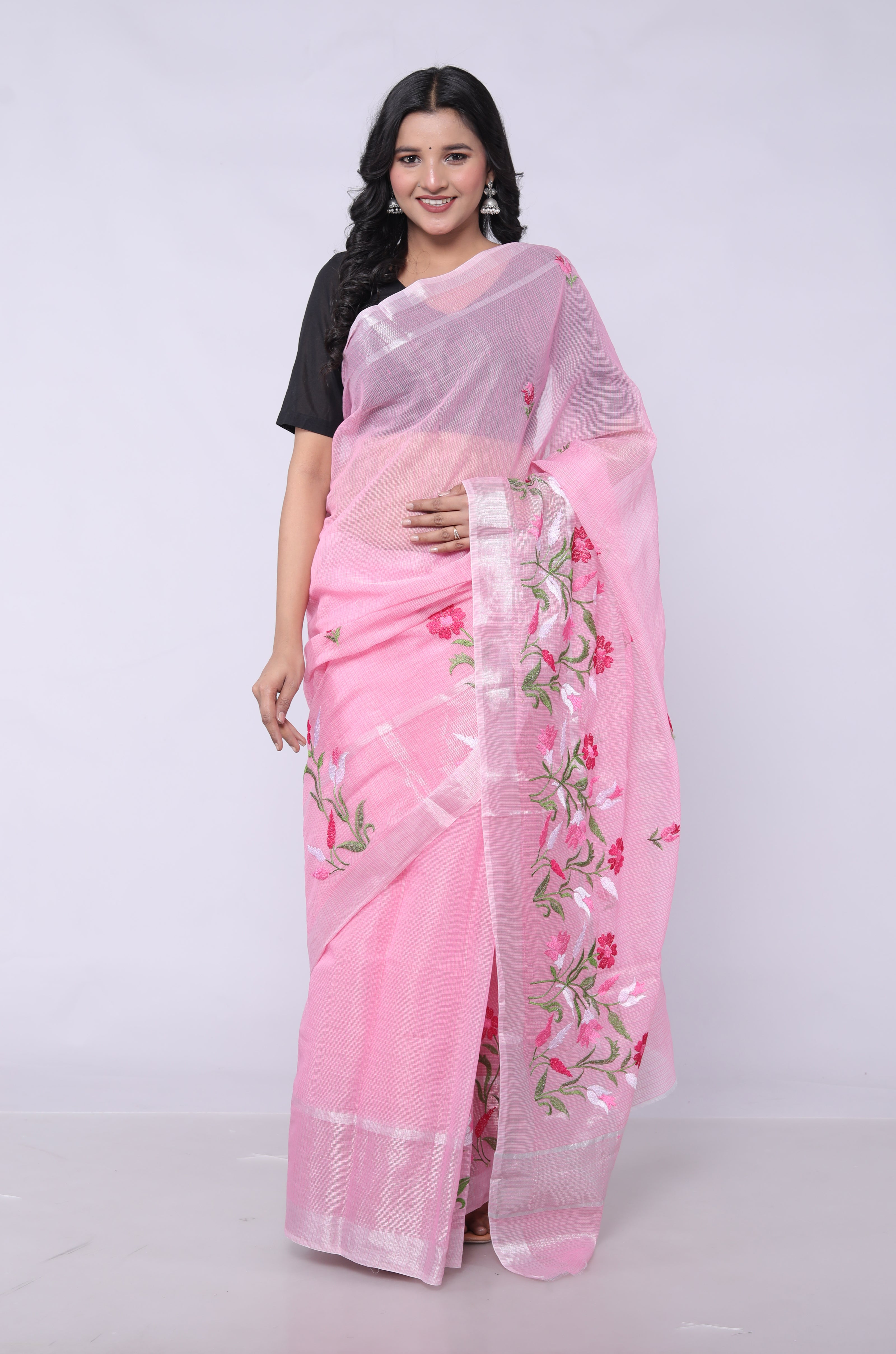 RAJGLOBAL Self Design Embroidered Kota Doria Cotton Blend Saree with Unstitched Blouse skyblue design 66