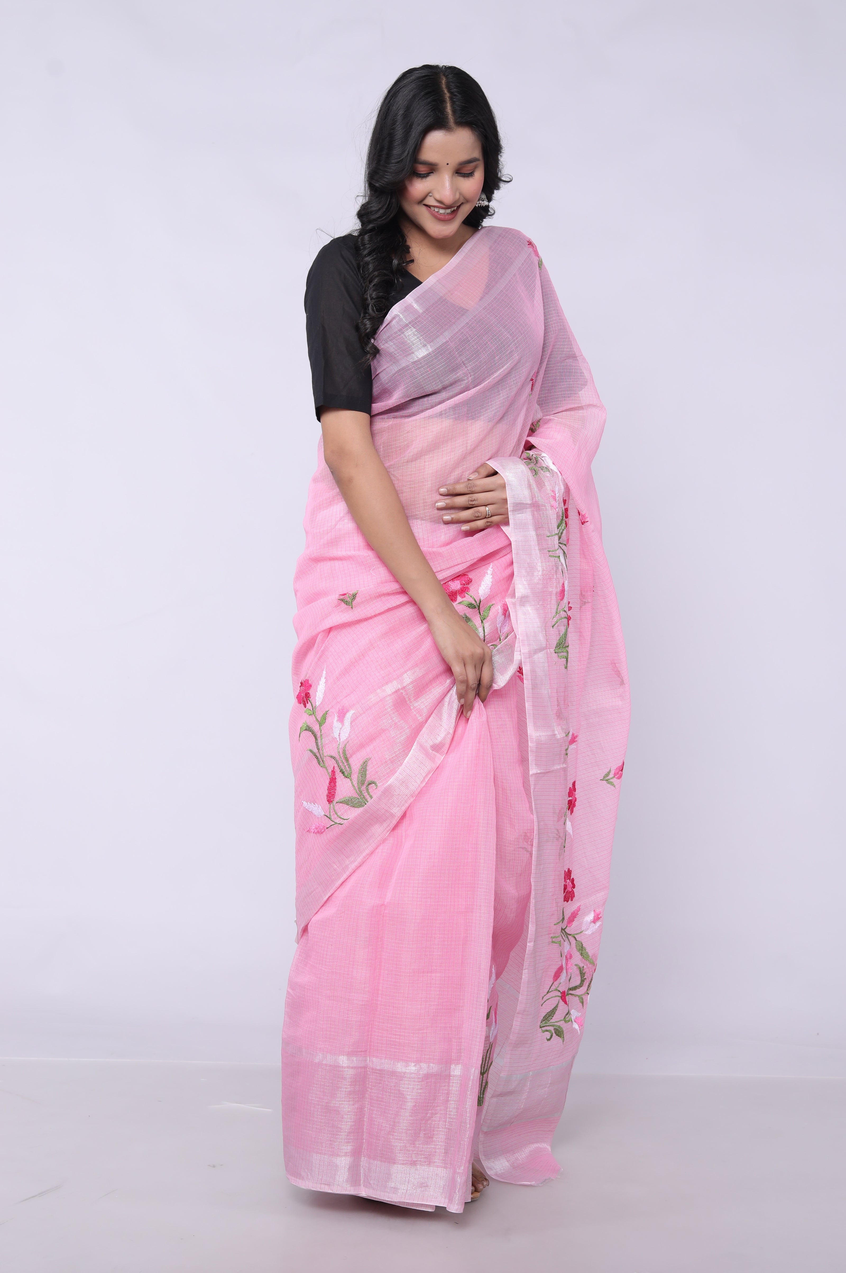 RAJGLOBAL Self Design Embroidered Kota Doria Cotton Blend Saree with Unstitched Blouse skyblue design 66