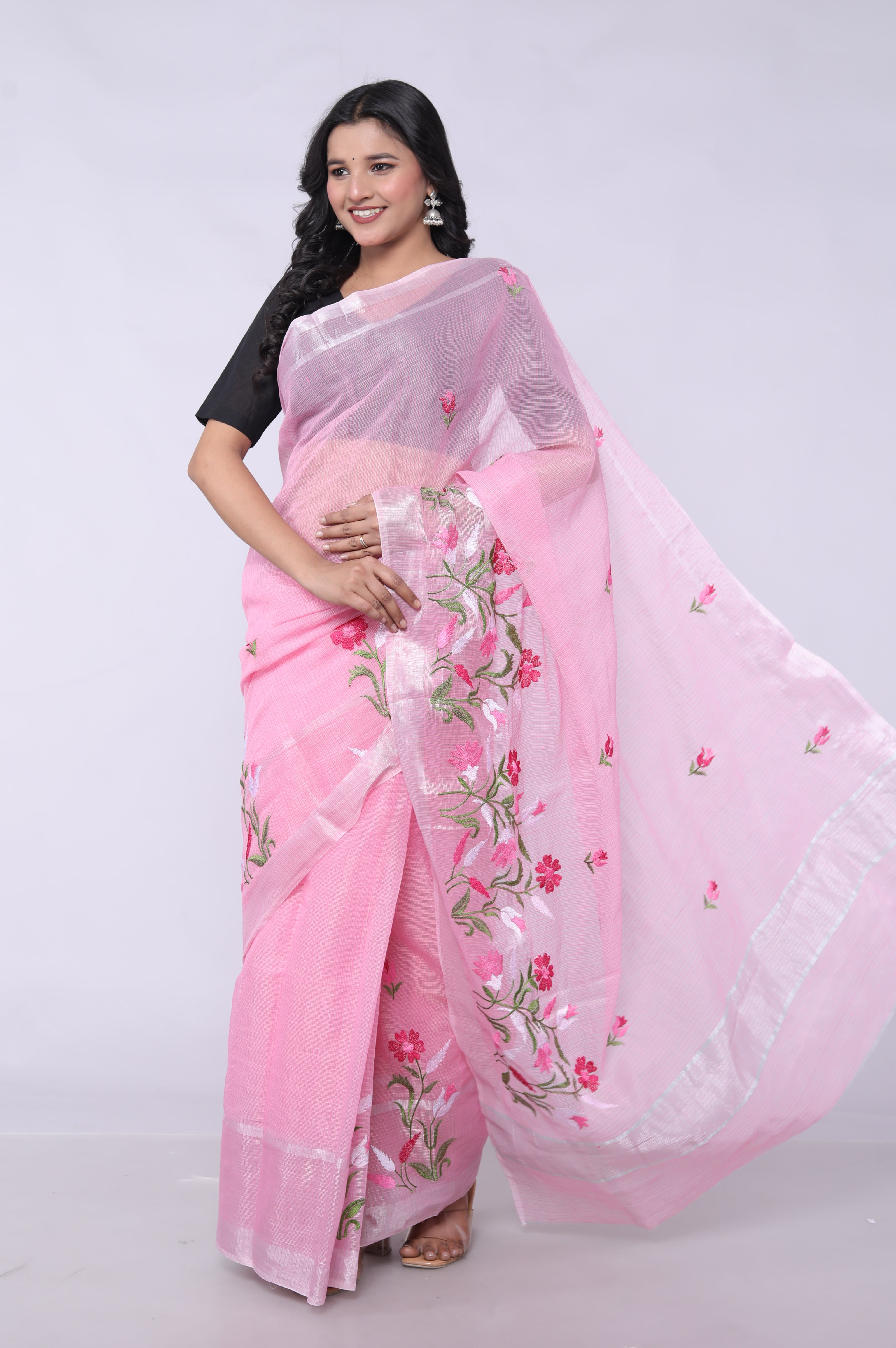 RAJGLOBAL Self Design Embroidered Kota Doria Cotton Blend Saree with Unstitched Blouse skyblue design 66