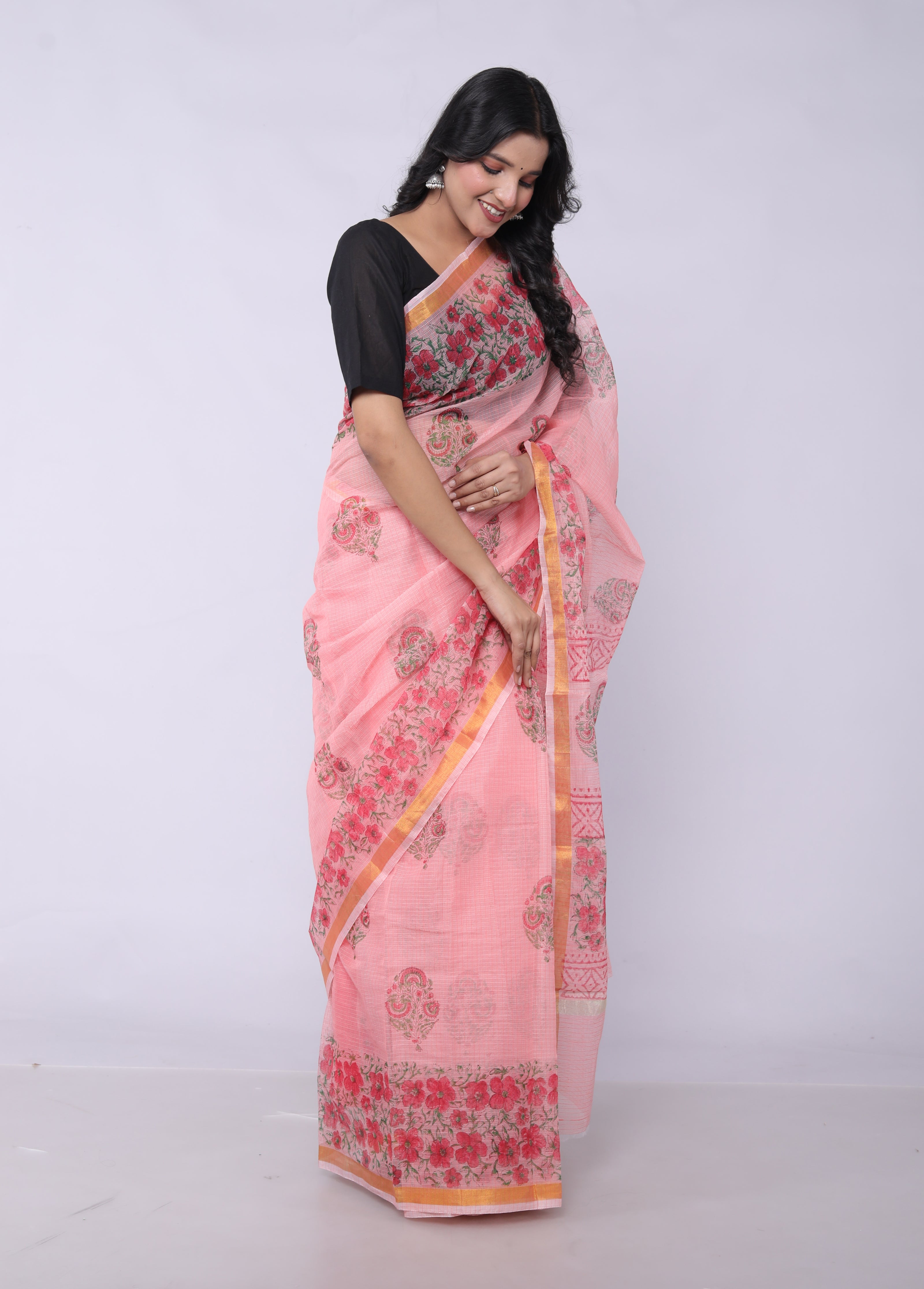 RAJGLOBAL Self Design Embroidered Kota Doria Cotton Blend Saree with Unstitched Blouse Light Yellow 22