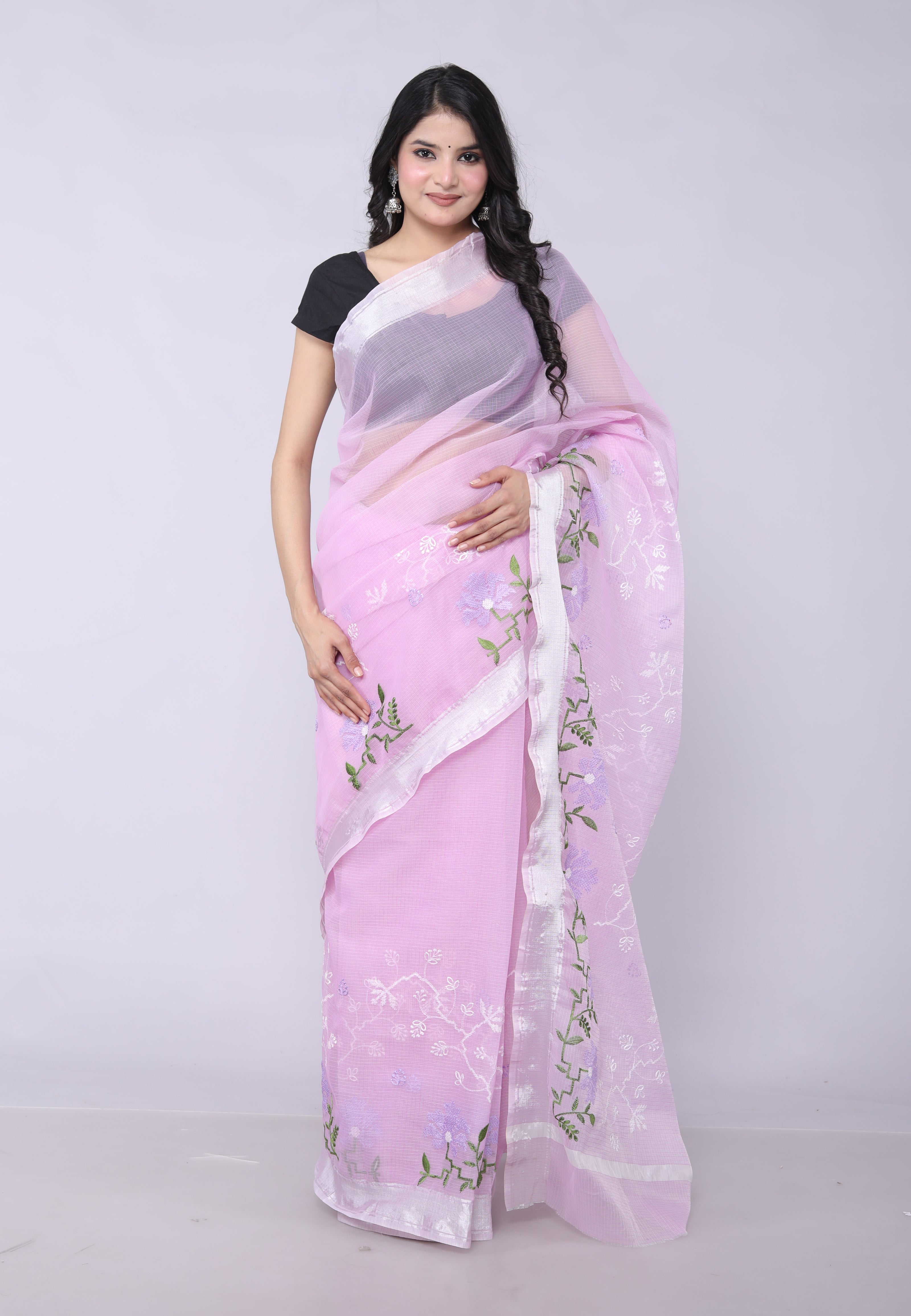 RAJGLOBAL Self Design Embroidered Kota Doria Cotton Blend Saree with Unstitched Blouse skyblue design 22