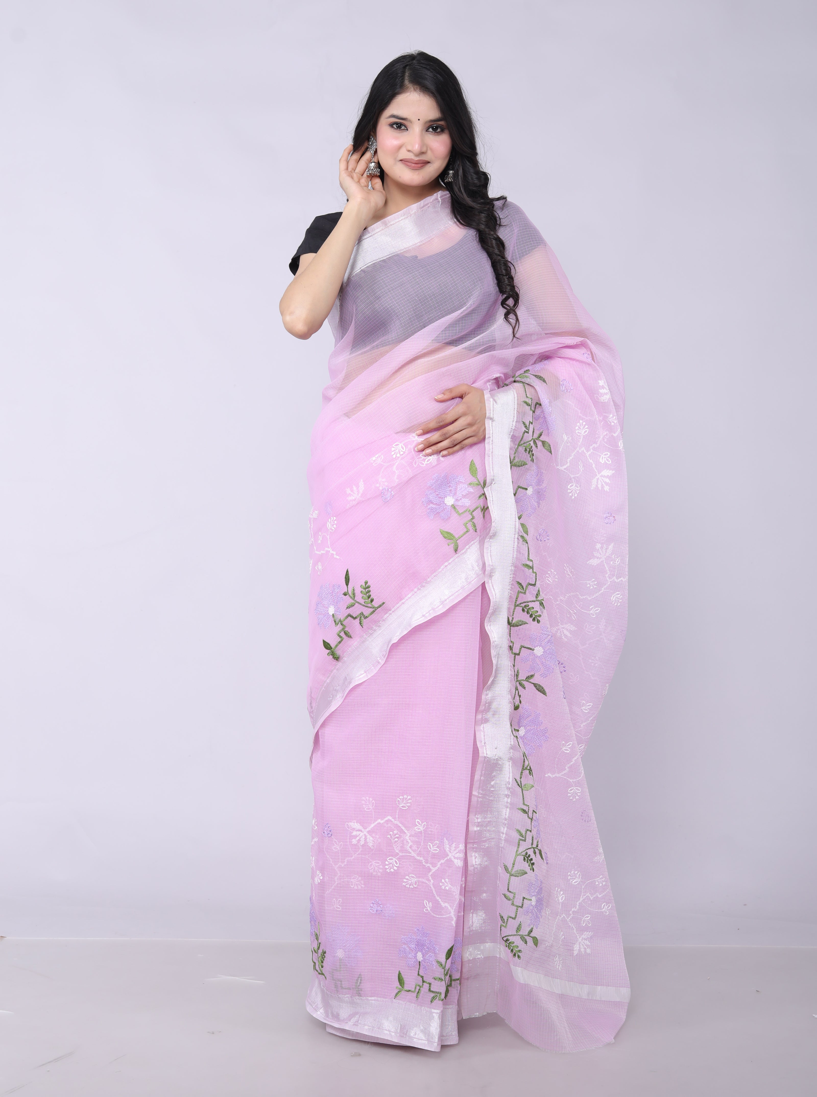 RAJGLOBAL Self Design Embroidered Kota Doria Cotton Blend Saree with Unstitched Blouse skyblue design 22