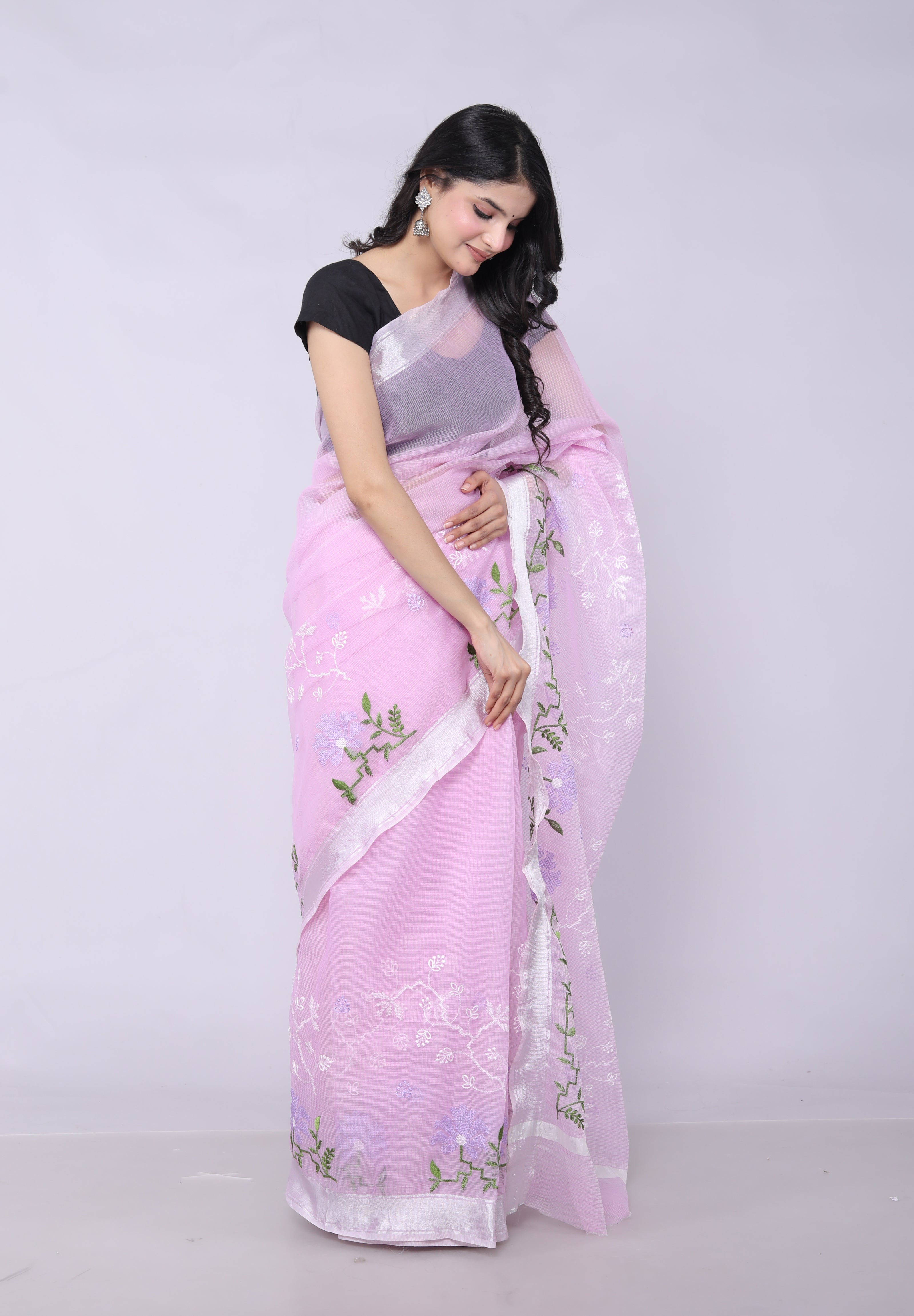 RAJGLOBAL Self Design Embroidered Kota Doria Cotton Blend Saree with Unstitched Blouse skyblue design 22
