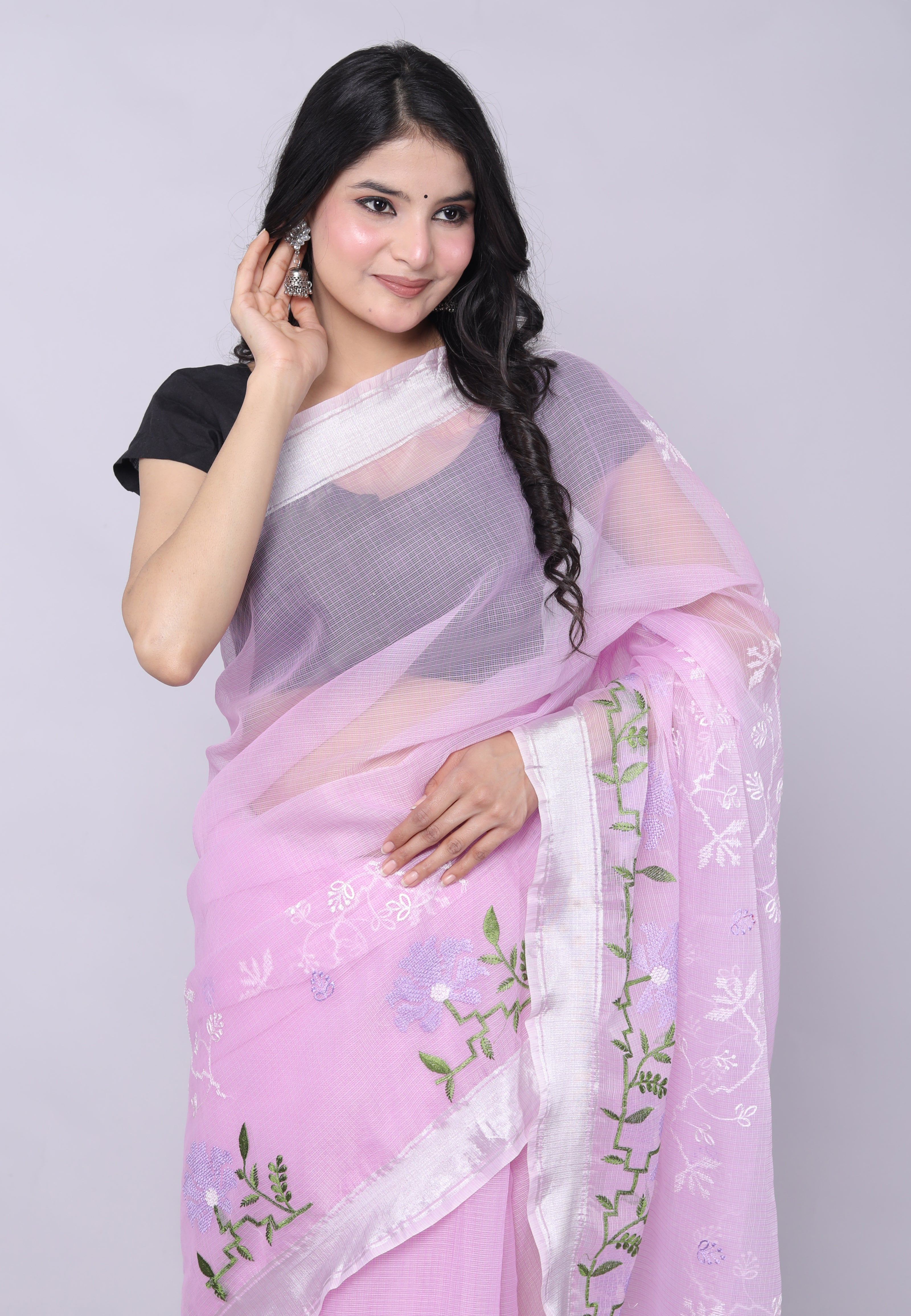 RAJGLOBAL Self Design Embroidered Kota Doria Cotton Blend Saree with Unstitched Blouse skyblue design 22