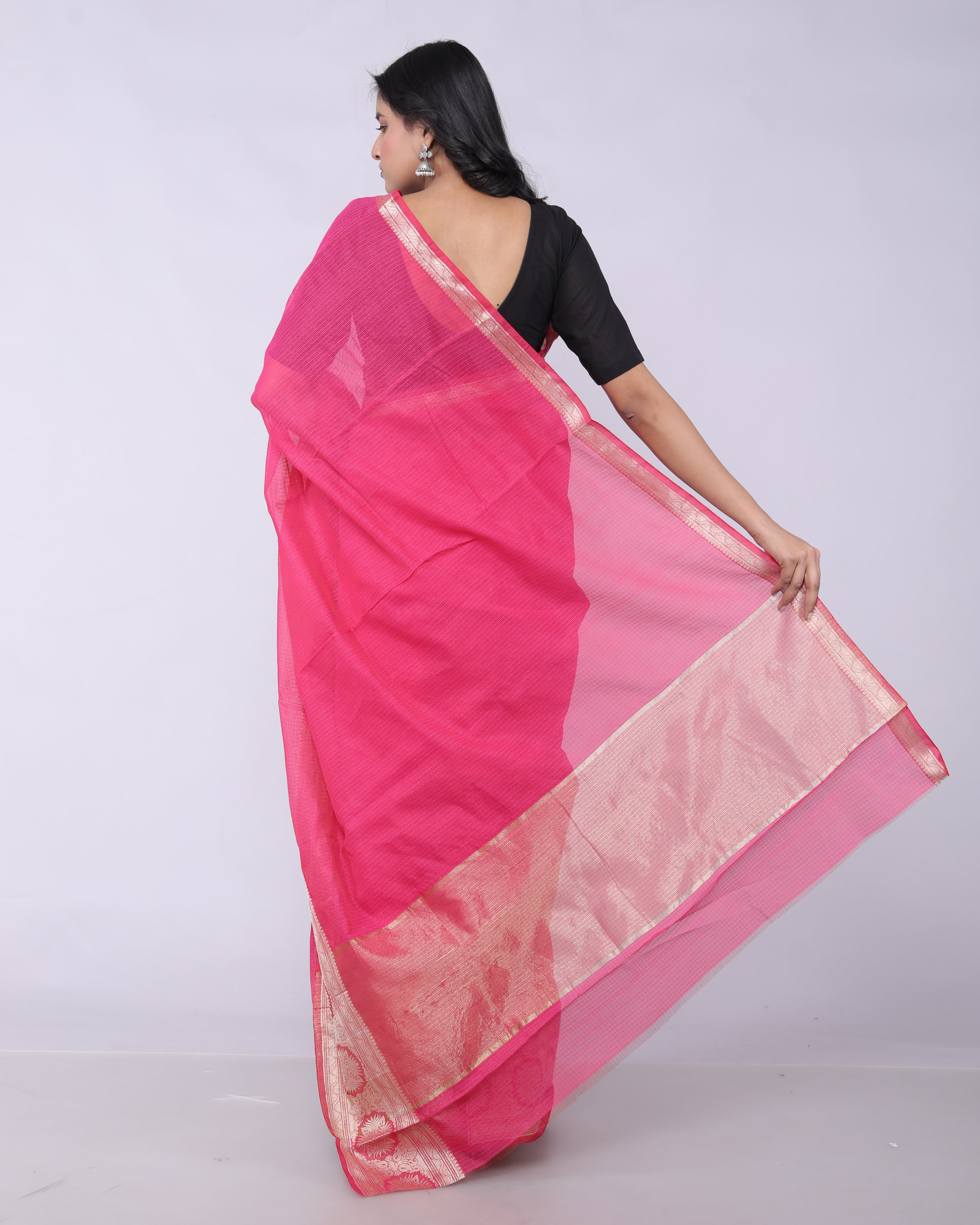 RAJGLOBAL Self Design Embroidered Kota Doria Cotton Blend Saree with Unstitched Blouse pink design 2