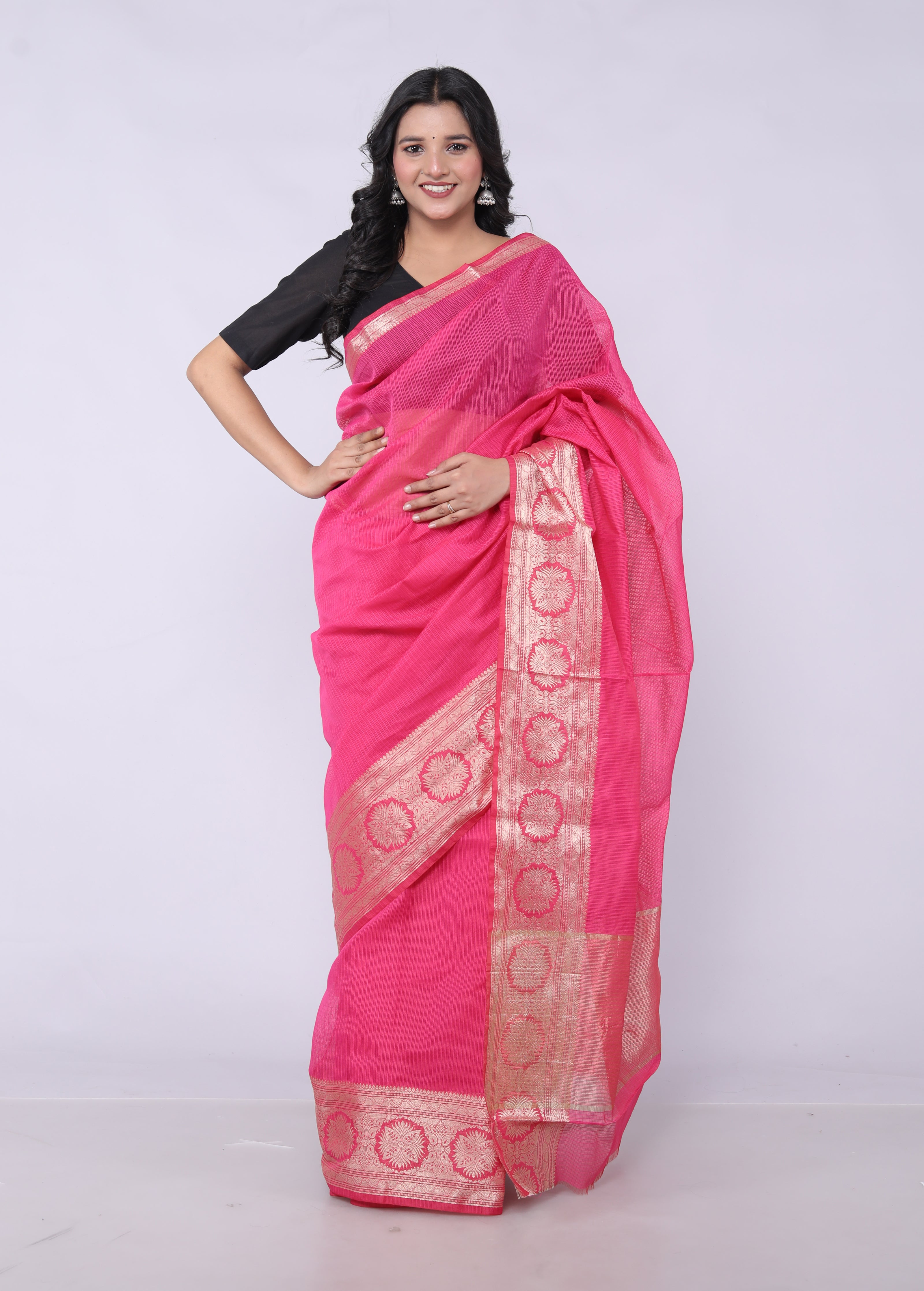 RAJGLOBAL Self Design Embroidered Kota Doria Cotton Blend Saree with Unstitched Blouse pink design 2