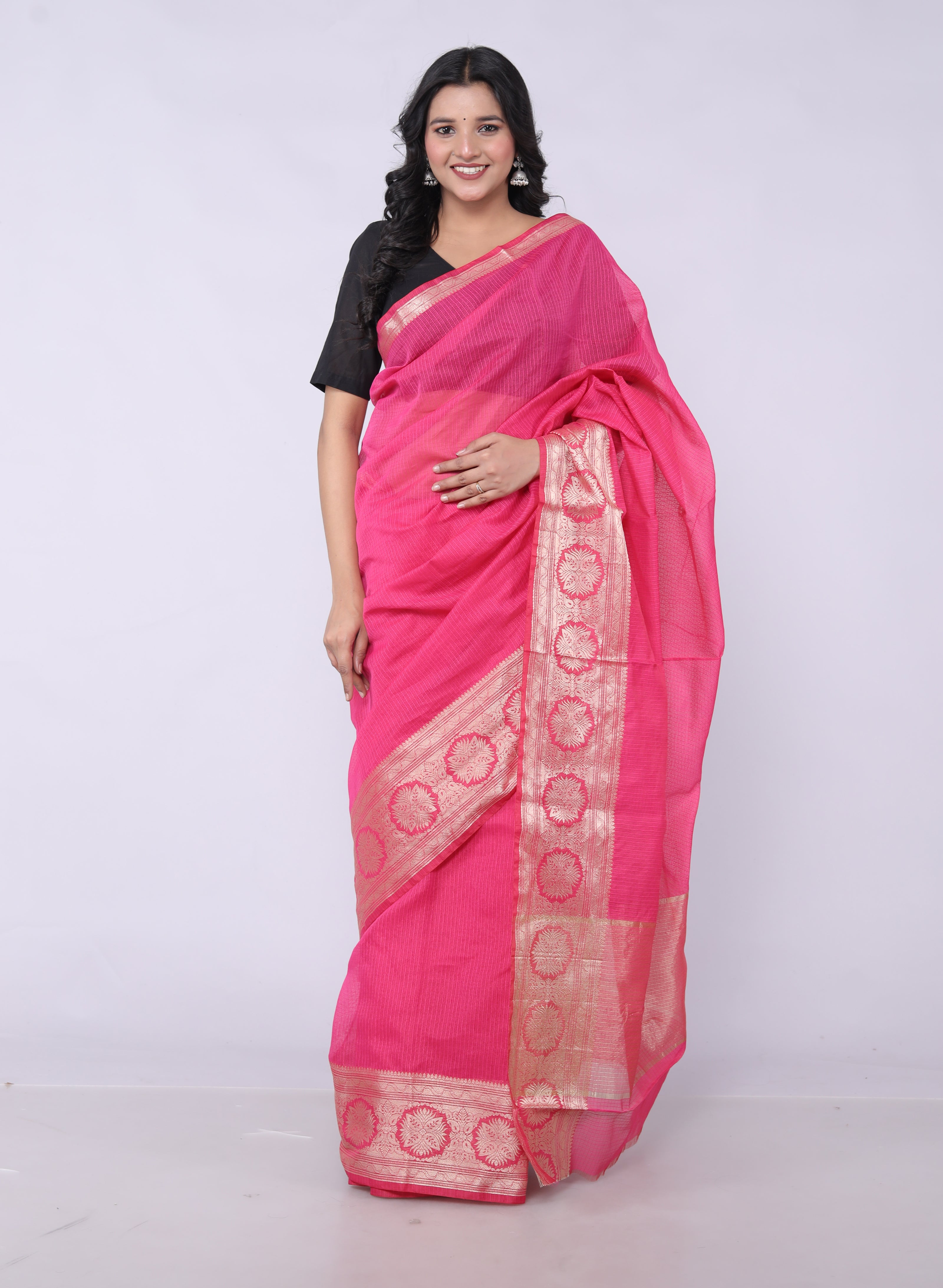 RAJGLOBAL Self Design Embroidered Kota Doria Cotton Blend Saree with Unstitched Blouse pink design 2