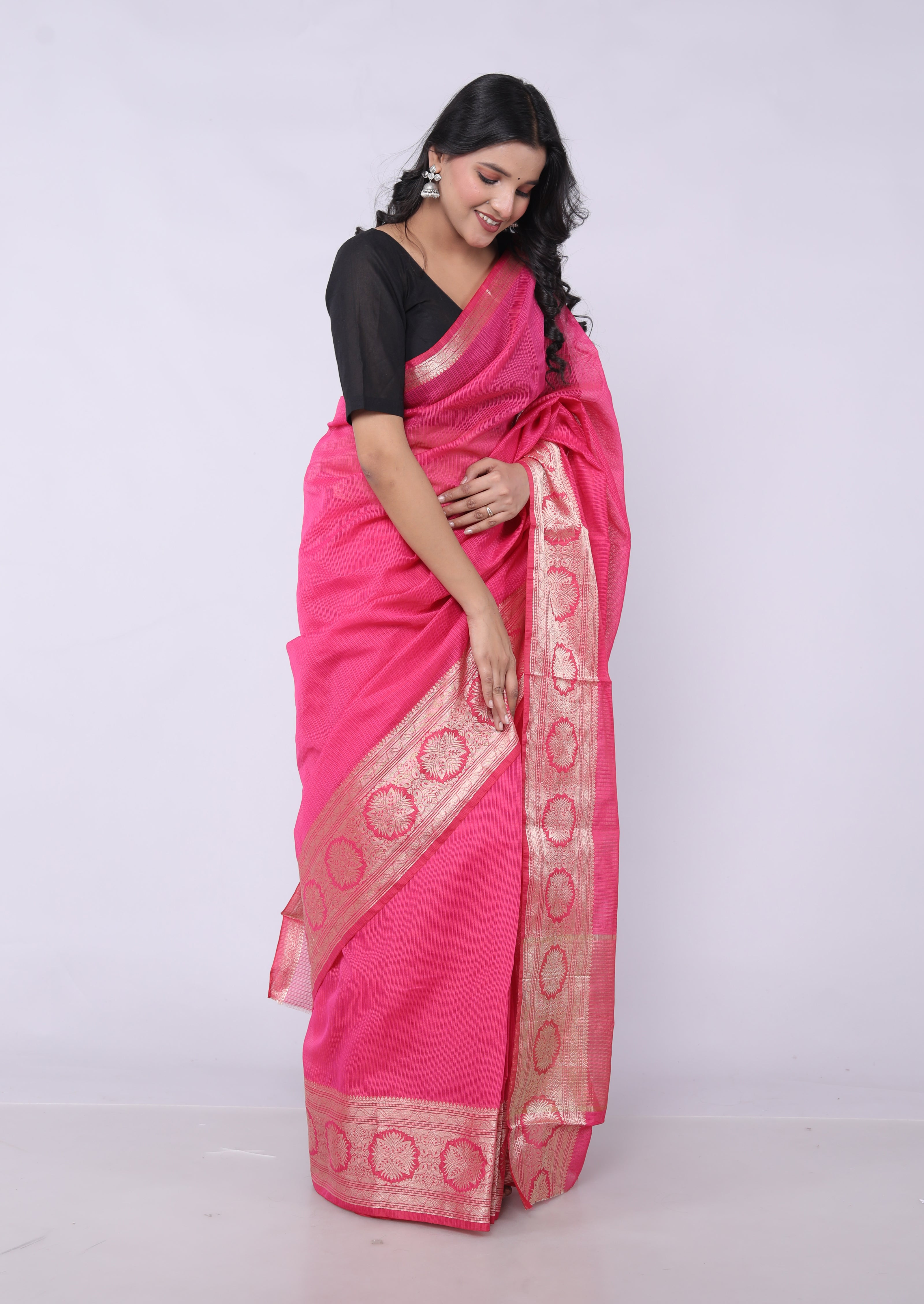 RAJGLOBAL Self Design Embroidered Kota Doria Cotton Blend Saree with Unstitched Blouse pink design 2