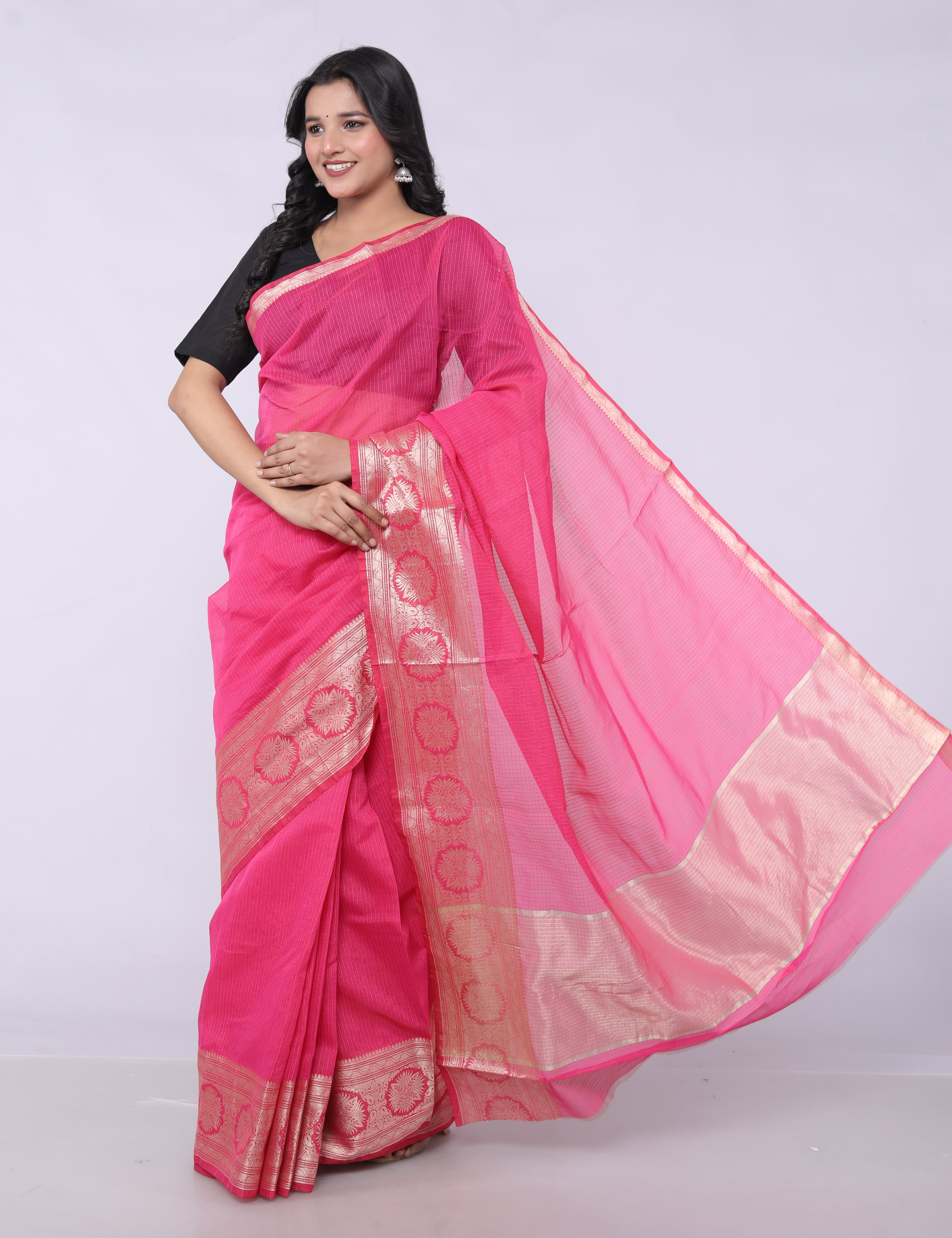 RAJGLOBAL Self Design Embroidered Kota Doria Cotton Blend Saree with Unstitched Blouse pink design 2