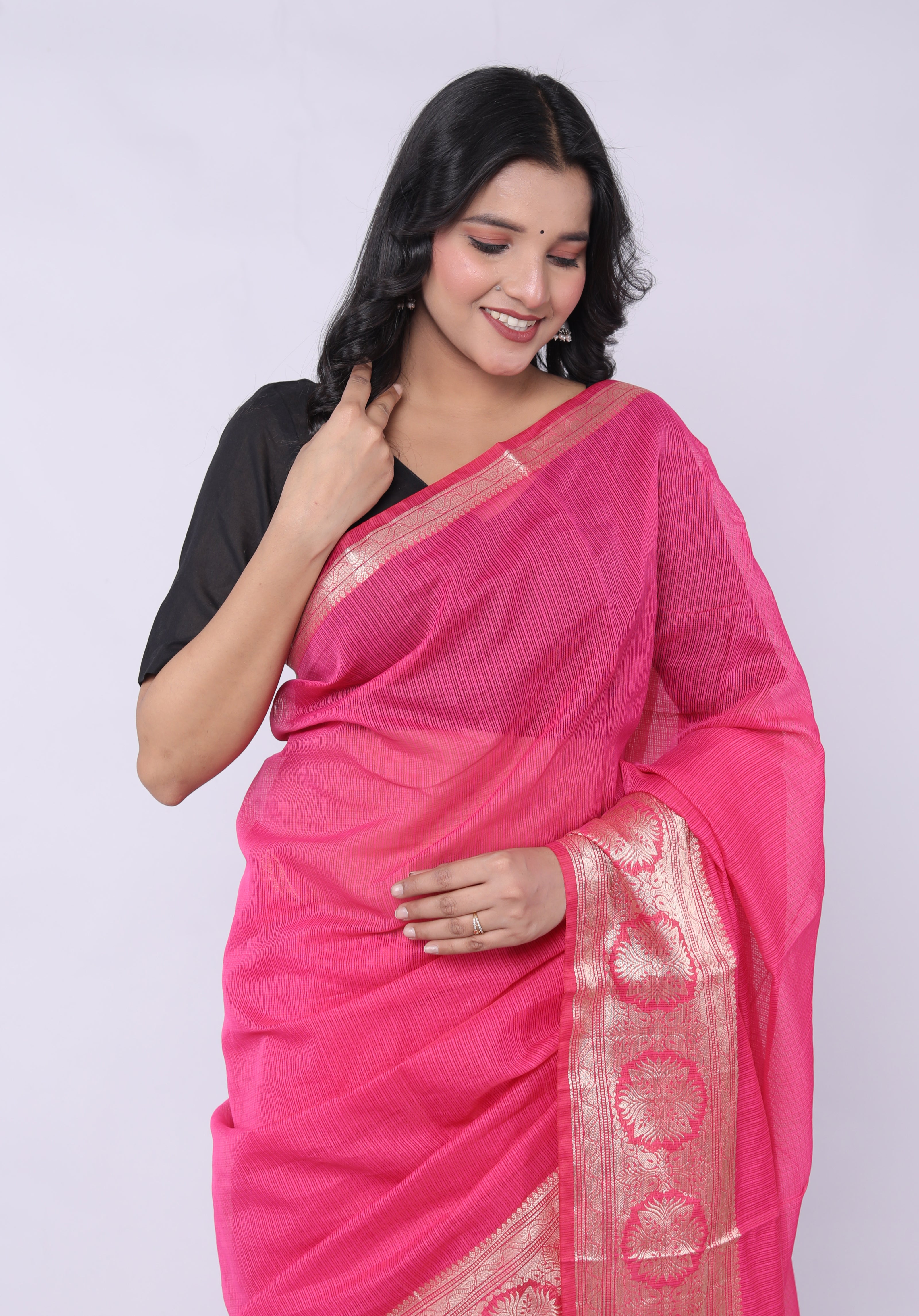 RAJGLOBAL Self Design Embroidered Kota Doria Cotton Blend Saree with Unstitched Blouse pink design 2