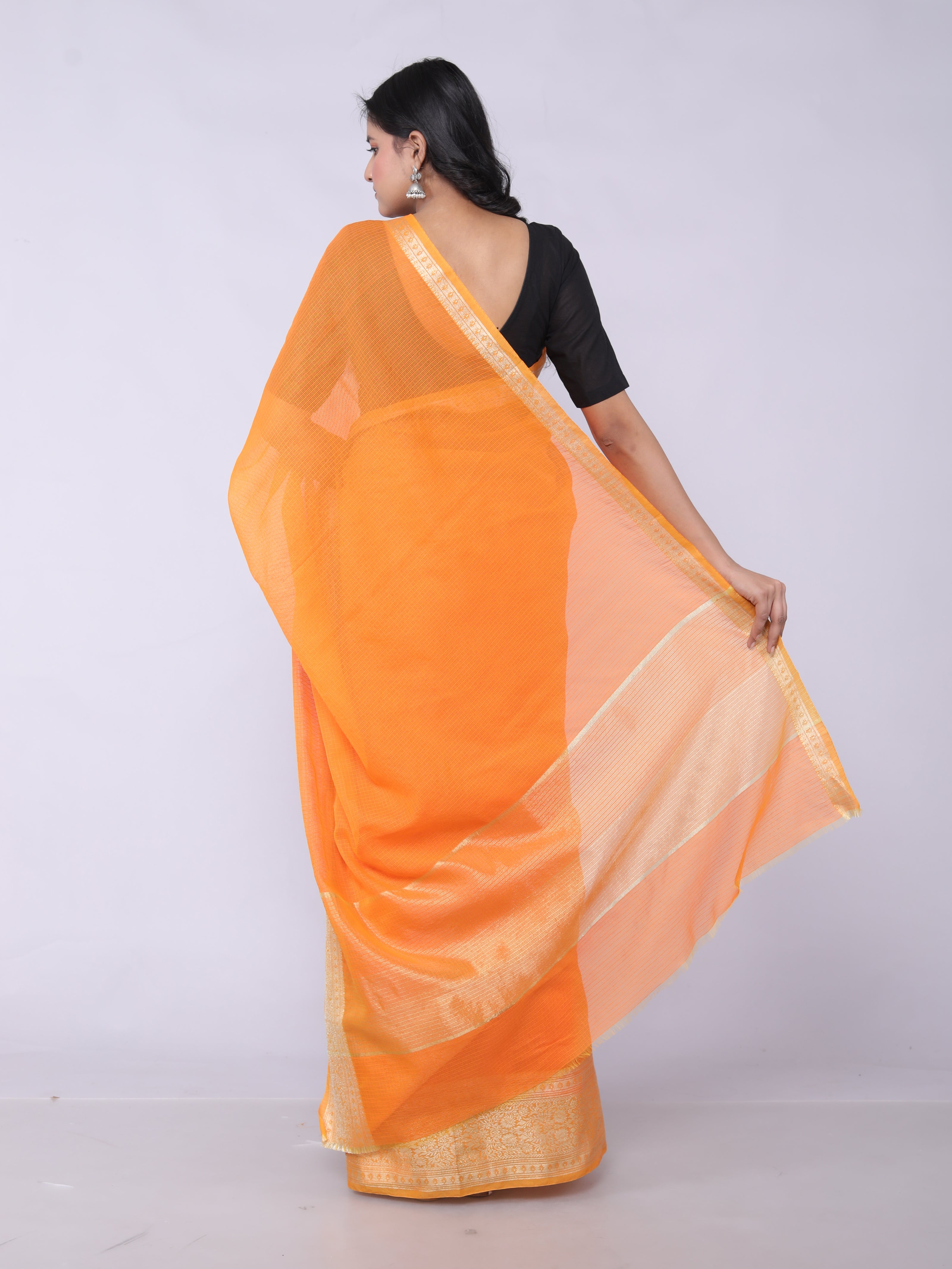 RAJGLOBAL Kota Doria Broad Zari Cotton Blend Saree with Unstitched Blouse Yellow