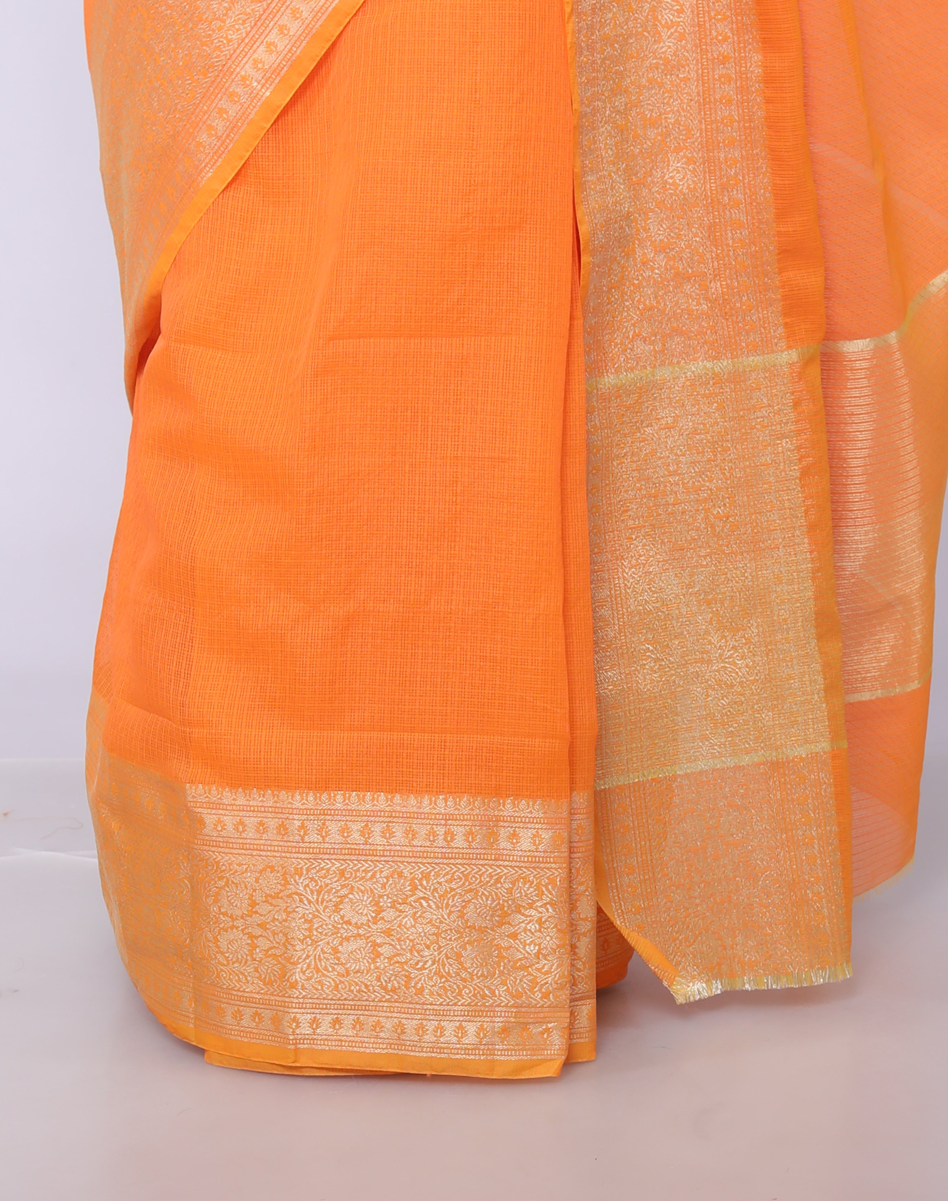 RAJGLOBAL Kota Doria Broad Zari Cotton Blend Saree with Unstitched Blouse Yellow