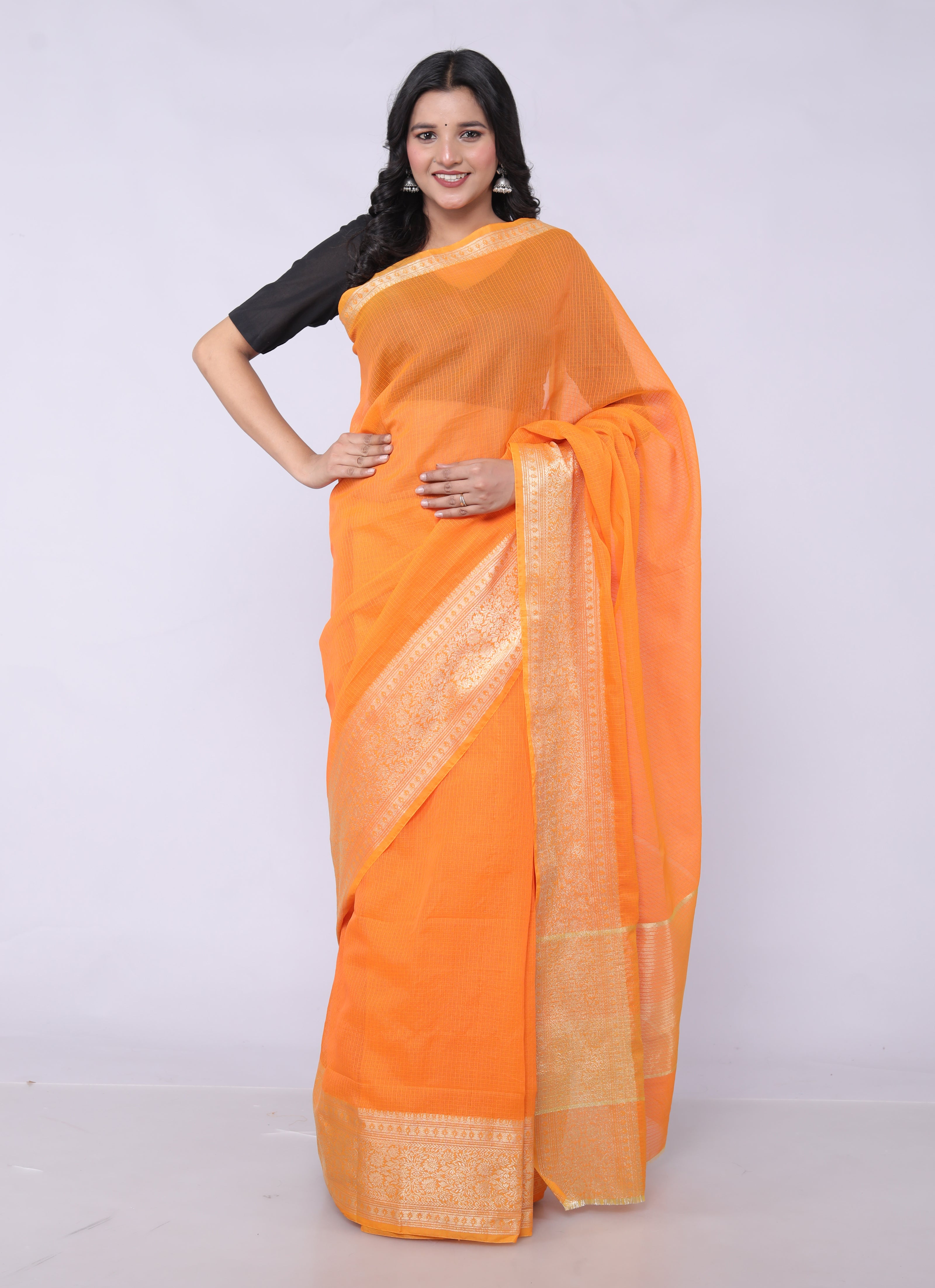 RAJGLOBAL Kota Doria Broad Zari Cotton Blend Saree with Unstitched Blouse Yellow