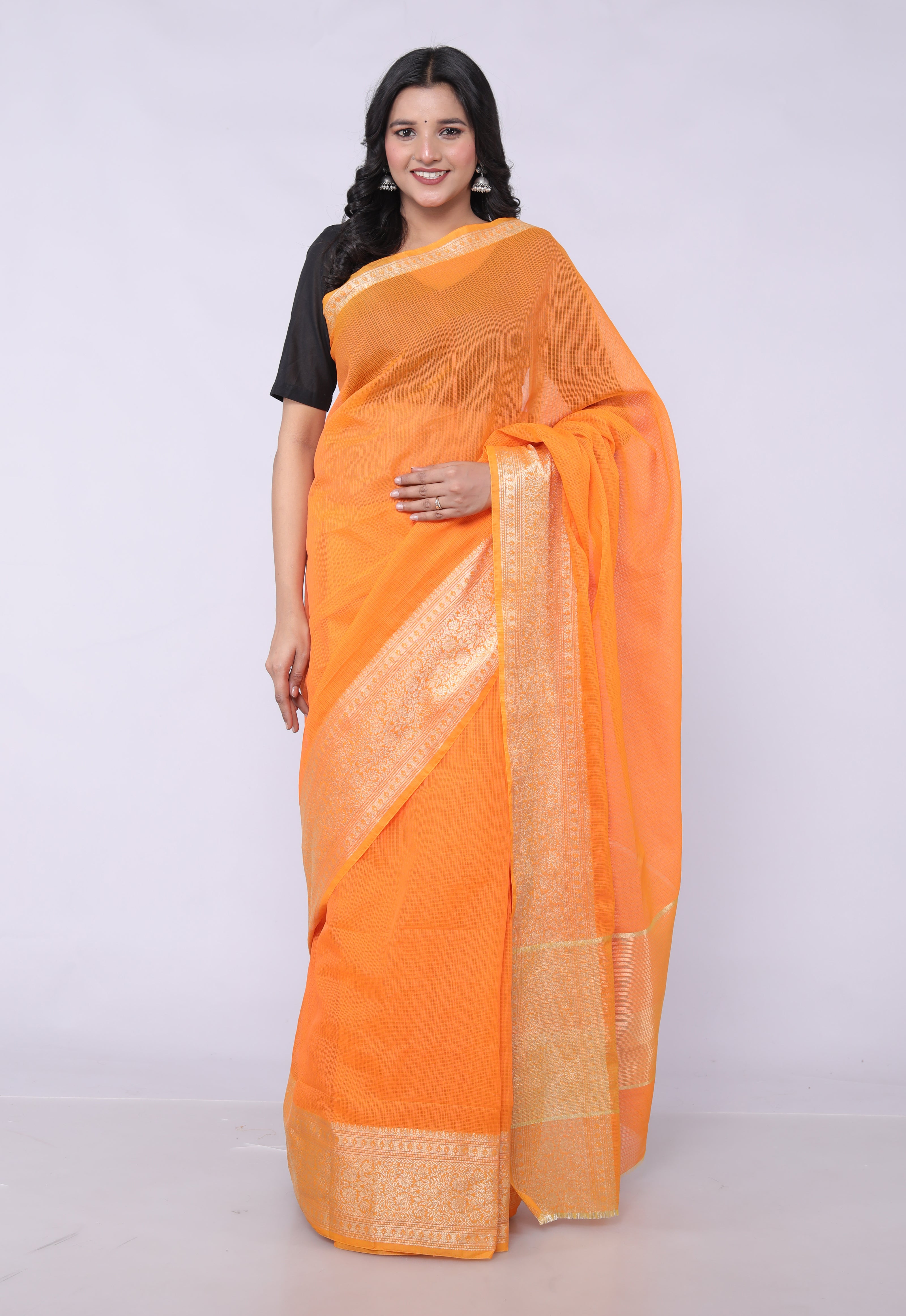 RAJGLOBAL Kota Doria Broad Zari Cotton Blend Saree with Unstitched Blouse Yellow