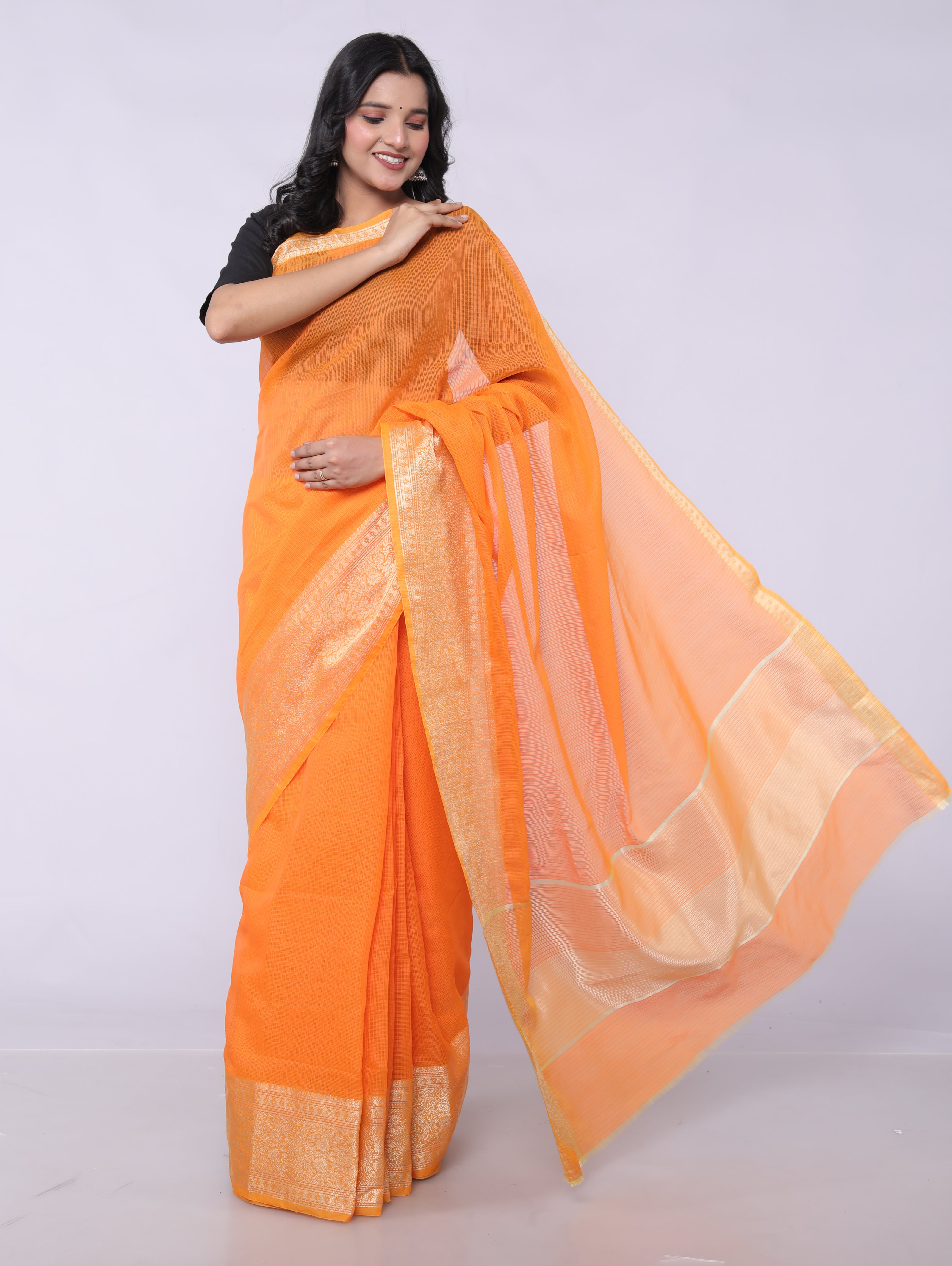 RAJGLOBAL Kota Doria Broad Zari Cotton Blend Saree with Unstitched Blouse Yellow