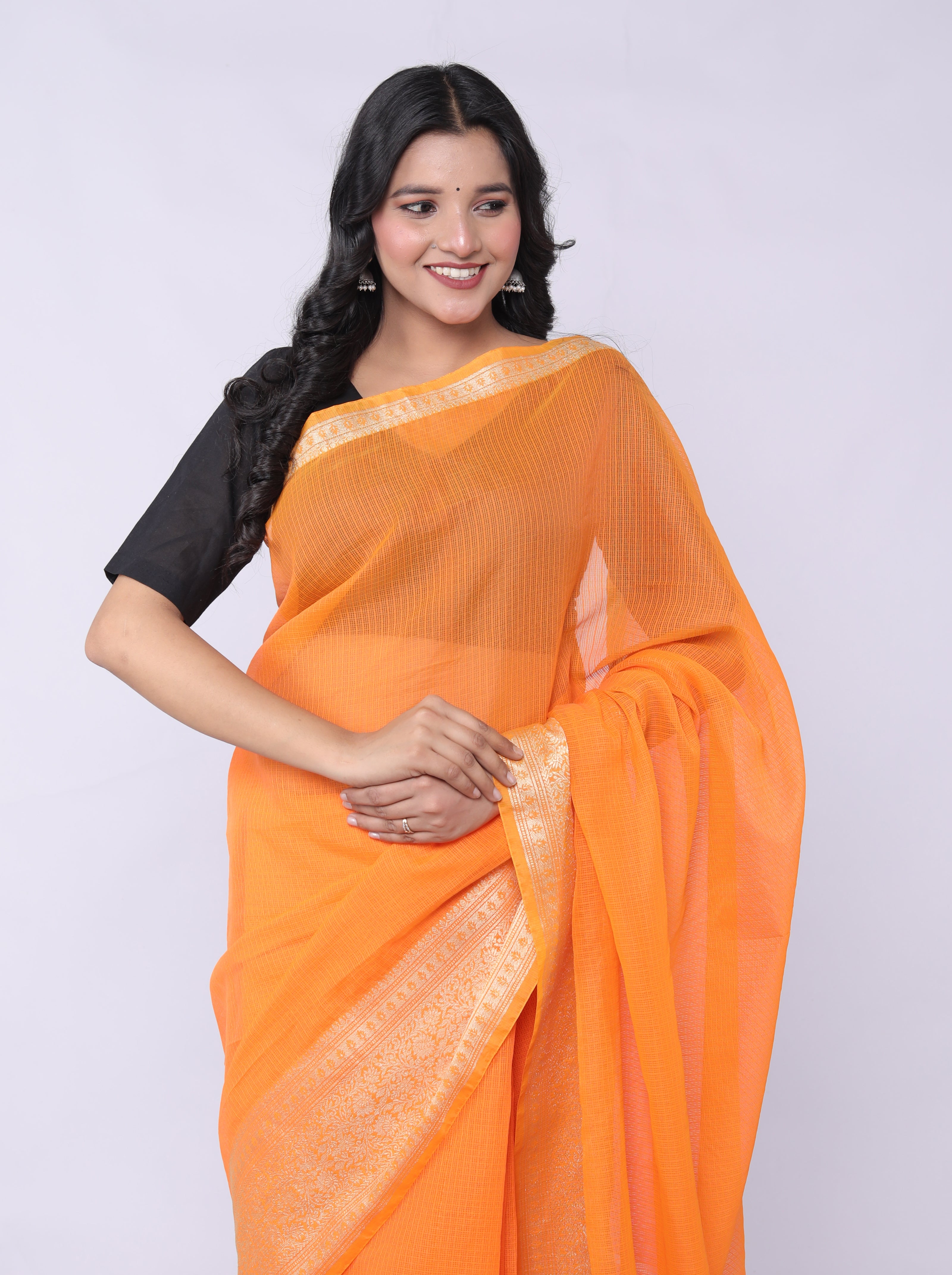 RAJGLOBAL Kota Doria Broad Zari Cotton Blend Saree with Unstitched Blouse Yellow